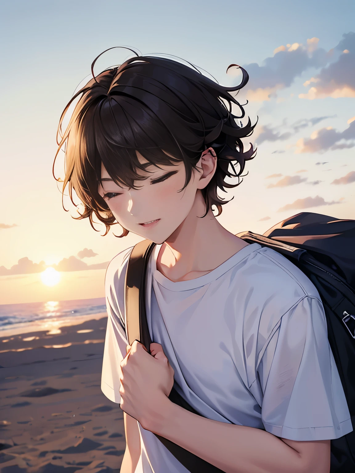 1boy,guy,Standing,Strong winds, at the north pole, blizzards, flying hair,,Eyes closed, teeth visible,Both hands hold the elbows,,Carrying a big black bag,blue eyes,close up photo,18 years old,Curly hair,medium hair,undercut hairstyle,light brown hair,Plain t-shirt, white t-shirt,white trousers,ultra detail,masterpiece