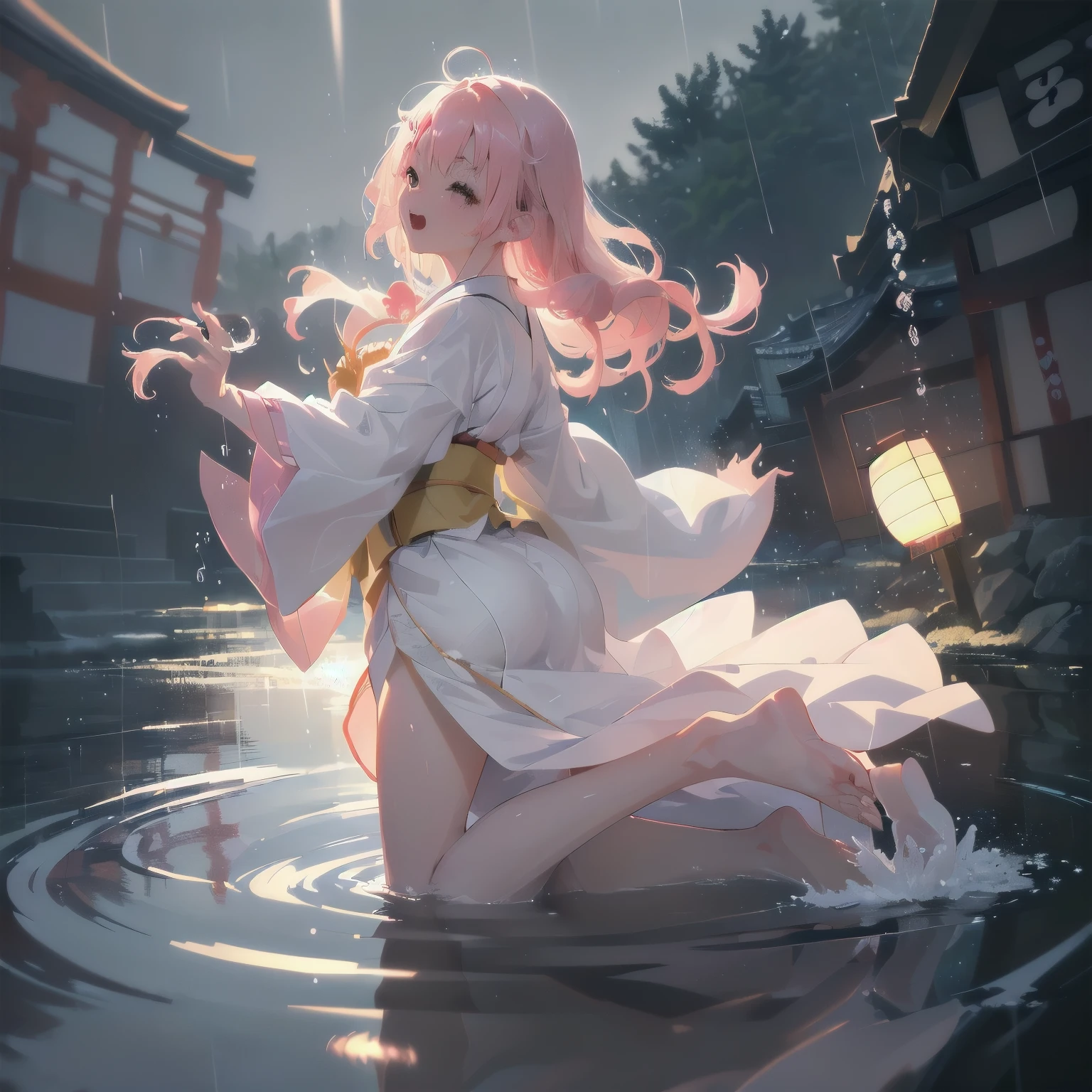 (2D animation style: 1.4), (Japanese animation: 1.9), HD, (Golden light: 1, 4), White skin, Full image lighting, either, (clear eyes), White sunlight, hair glow, (((Falling Rain: 1.2), sunlight, sun, tide, (Sleep), enlargement, in the back, in the back Turn, glowing, long pink hair, clear eyes, pray, Looking at the Girl from the side, side, holy light, (Clean clothes), underwater, laugh 😆😆😆😆, bubble, (water dissipation), (air dissipation)