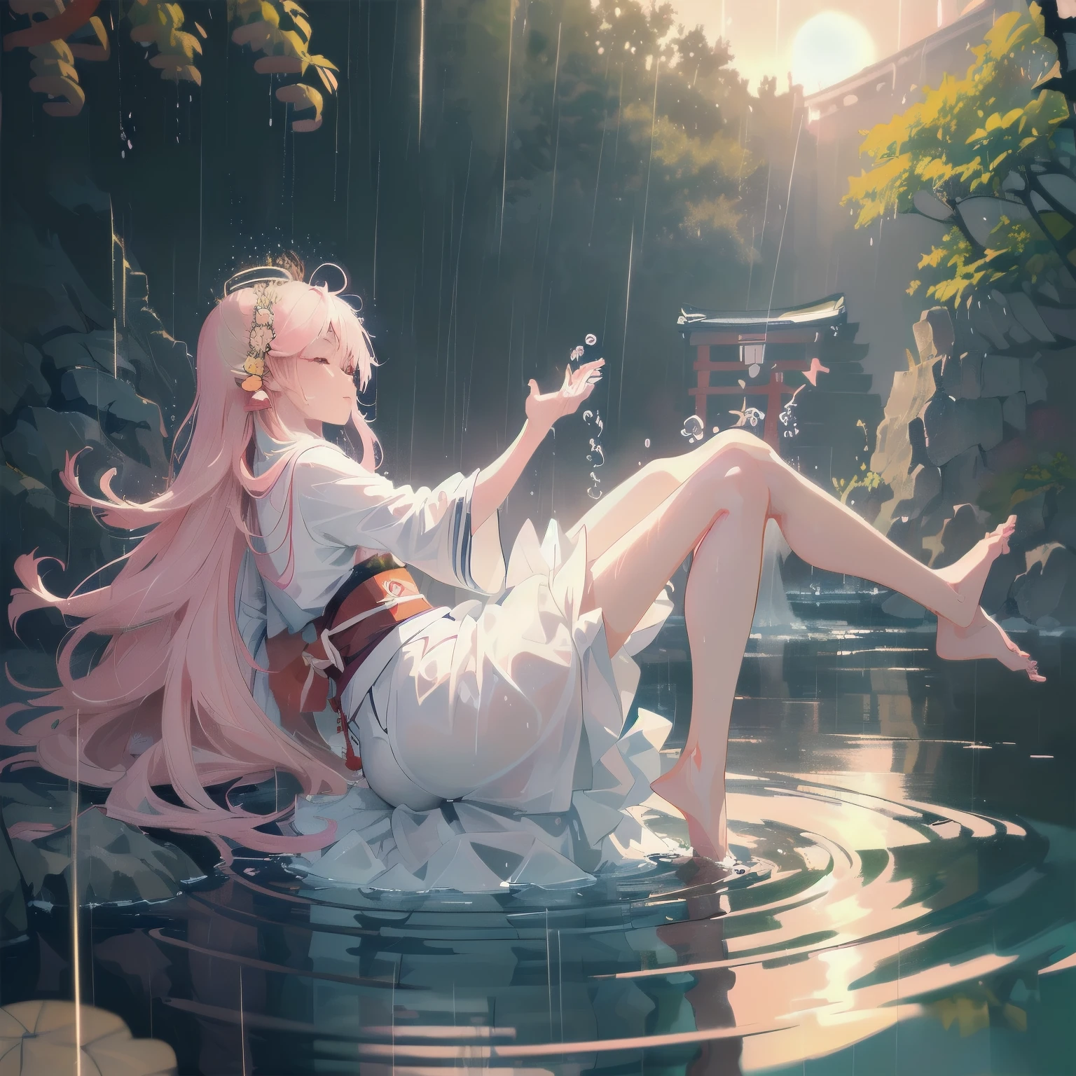 (2D animation style: 1.4), (Japanese animation: 1.9), HD, (Golden light: 1, 4), White skin, Full image lighting, either, (clear eyes), White sunlight, hair glow, (((Falling Rain: 1.2), sunlight, sun, tide, (Sleep), enlargement, in the back, in the back Turn, glowing, long pink hair, clear eyes, pray, Looking at the Girl from the side, side, holy light, (Clean clothes), underwater, laugh 😆😆😆😆, bubble, (water dissipation), (air dissipation)