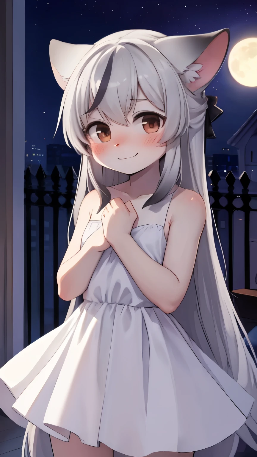 (young :1.3),furry,light grey fur,shy face,smile,full face blush,luxury bedroom,white dress,shoulderless,sleeveless,night,light and shadow,building,white light,fullmoon,upper body only,hand at chest