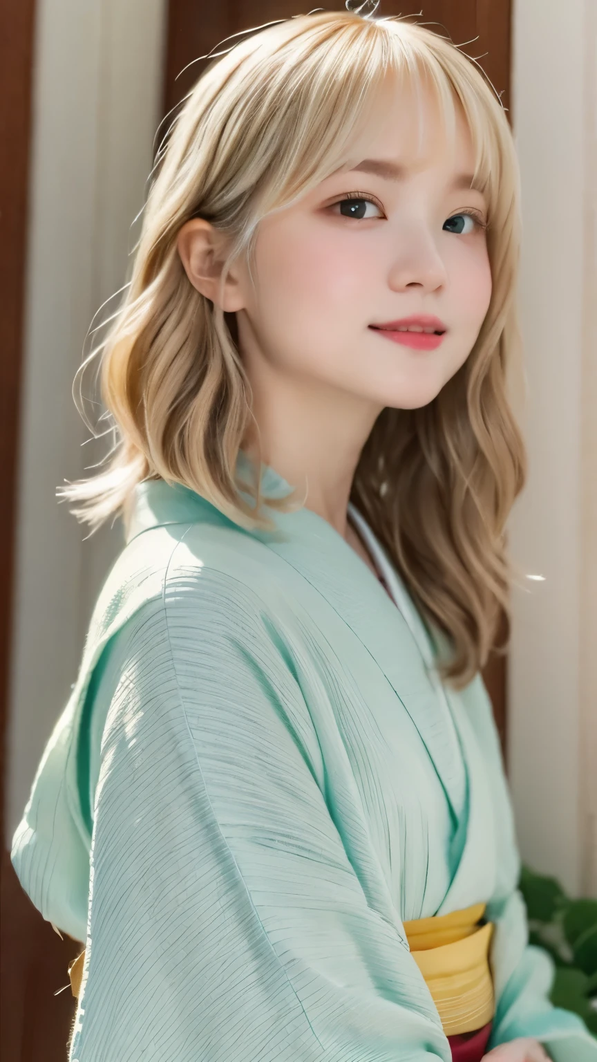 (((film grain、RAW photo)))、one woman、18talent、unparalleled beauty、beautiful teeth、natural look、small nose、plump lips、beautiful silky blonde hair、remand、Beautiful kimono figure、heavy kimono、yamato nadeshiko、blurred background:1.5、medium depth of field, Photographed with Canon 5D, 50mm lens, f/4 apertures, (very detailed, intricate details), sharp focus, calm colors, 8k、confused, 8mmfilm grain