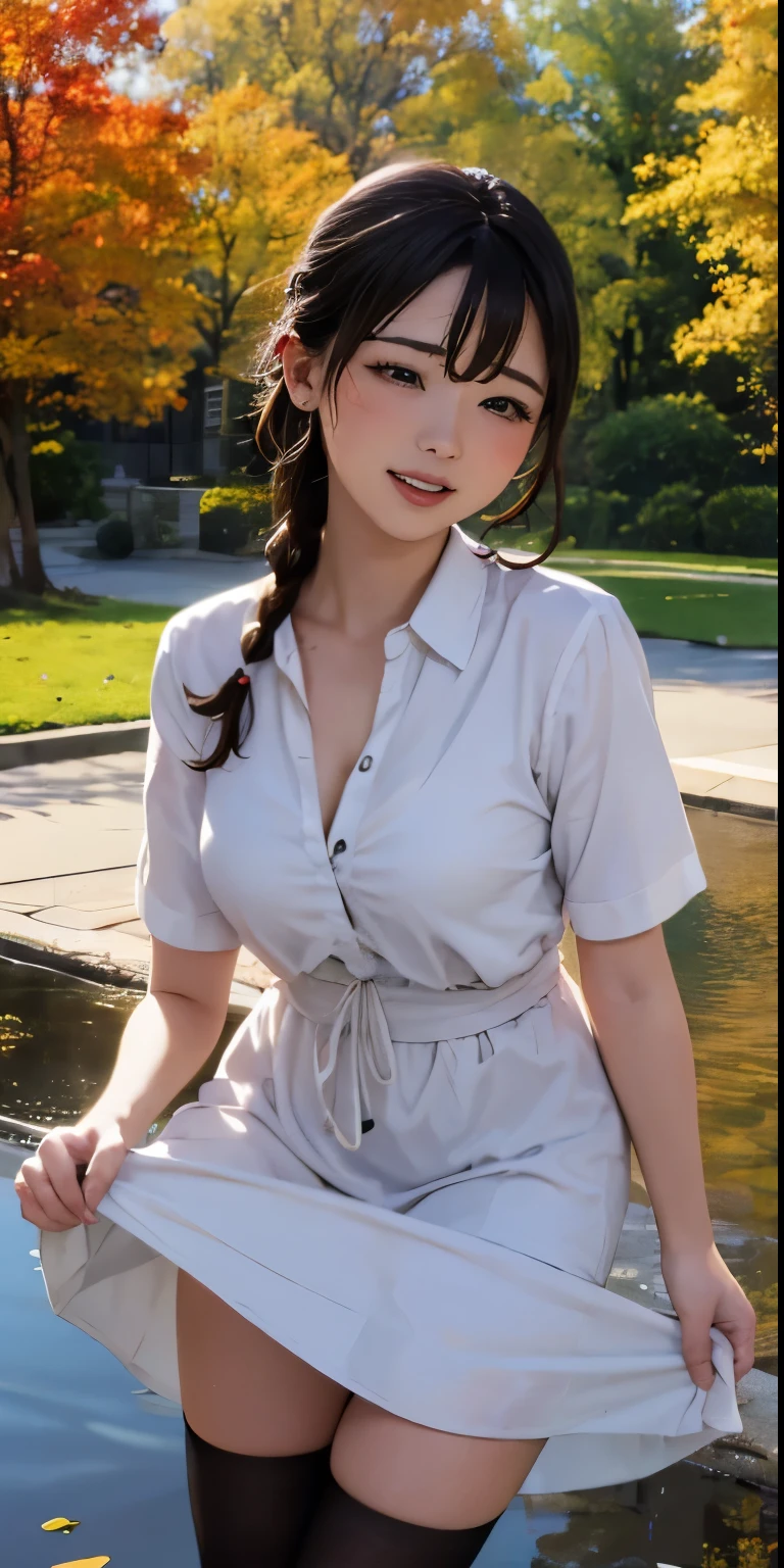 high-definition image, eyes realistic sizing, realistic skin, drooping eyes, smiling, ecstasy face, unbuttoned various patterned feminine casual dress, braid, old fashion, in the park, fall into the pond, skyscrapers,