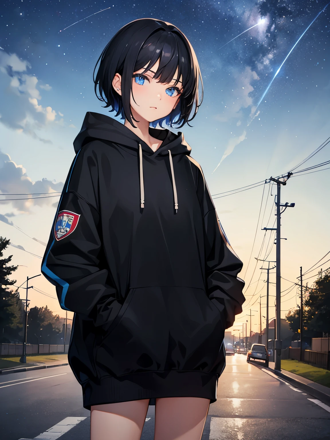 16-year-old girl,short black hair,blue eyes,Good facial features,There is light in the eyes,Black hooded sweatshirt,Pockets for both hands,Stand on the street,Night starry sky scenery,Meteor passing by