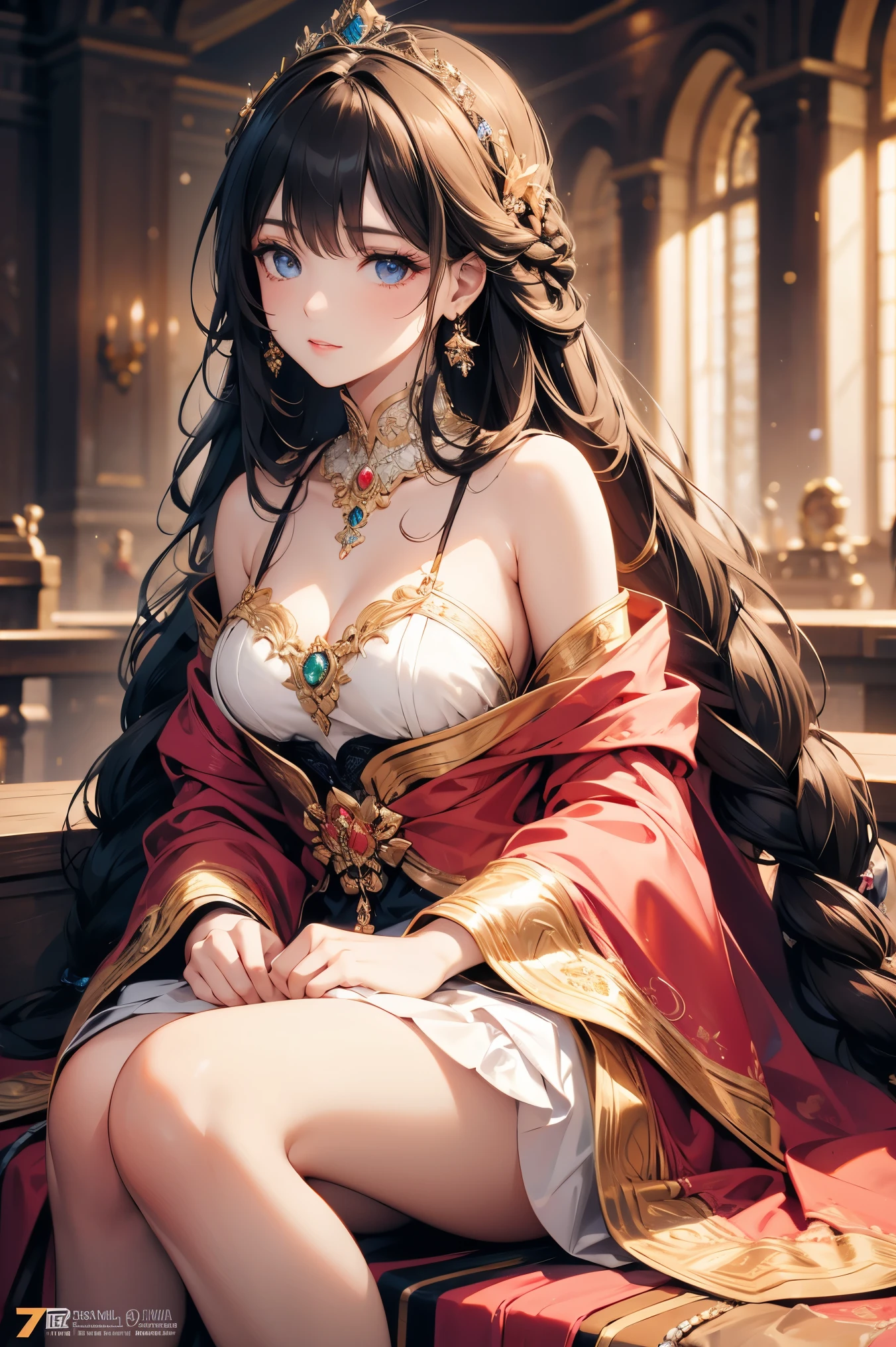 1girl,long hair,sitting,dress,solo,crown,black hair,braid,watermark,lips,blurry,indoors,realistic,bare shoulders,tiara,brown hair,breasts,makeup,curly hair,jewelry,gem,peacock style,glow,