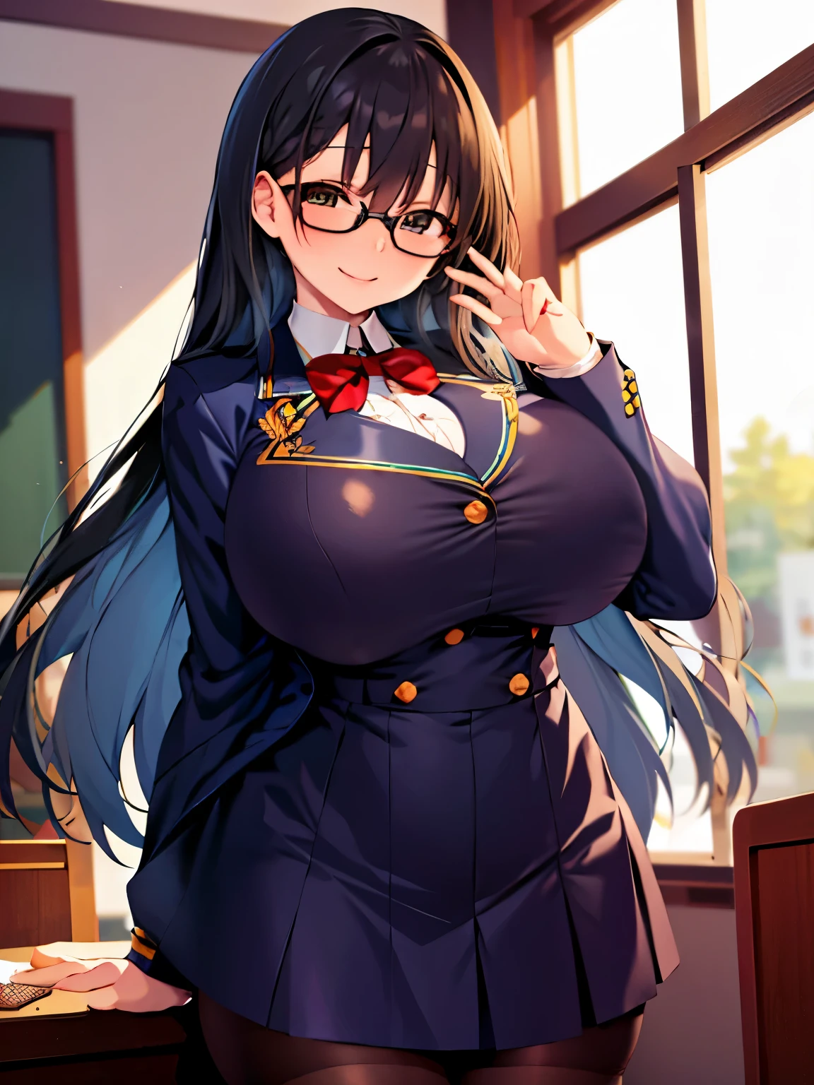 high quality,masterpiece。cute long black hair woman,Hairstyle is long straight。She stands upright with her face and body facing the viewer,true identity。her hands are empty,Both hands are not posed。she looks tall。Her breasts are huge and very big,Good style。She has a cute face that looks good with glasses and is smiling with her glasses on.,Both eye colors are brown。Clothes: dark blue school uniform,navy blue blazer,navy blue skirt。black stockings on both legs。she is standing,The place I'm standing is the classroom。