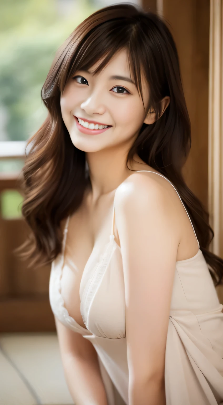 masterpiece,best quality,(Japanese ),((Beautiful girl)),cleavage,indoor,(perfect body beauty:1.2),(shy smile),beautiful teeth,