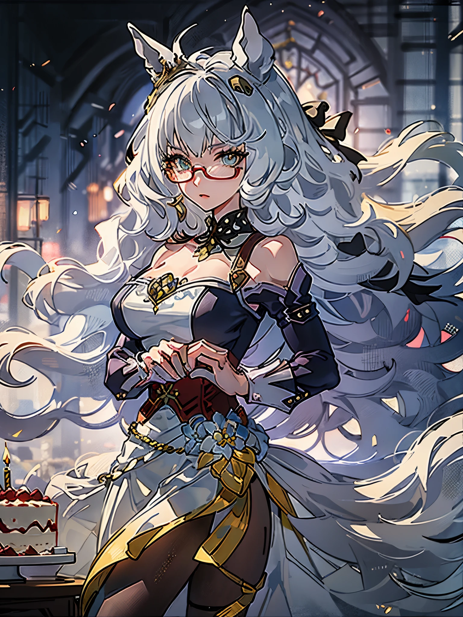 ((8k, highest quality, master piece: 1.2, super detailed, super high resolution, super detailed)), 1 girl, biwa hayahide \(umamusume\), semi-rimless eyewear, under-rim eyewear, red-framed eyewear, beautiful eyes. ((birthday cake)), wedding dress, shot of cowboy girlfriend, ink painting, ink painting, chest emphasis