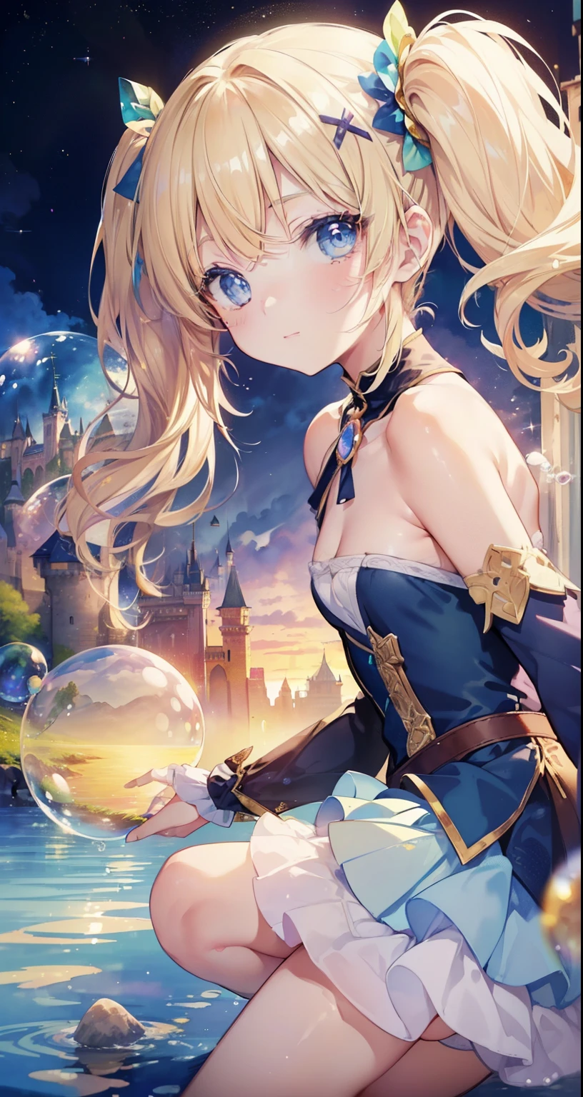 (((table top, highest quality, 8K resolution, sharp focus, intricate details, beautiful girl, shining eyes, Golden ratio of the face, liquid from another world, watercolor painting, ((pastel)), bright colors, Whimsical, Multiple faces, focus sharpening, very high resolution, small details, Fantasy Princess Costume Sexy Ball, ((round eyes)), rainbow colored bubbles, castle scenery in the background)、blonde blue eyes、 girl、small breasts、twin tails