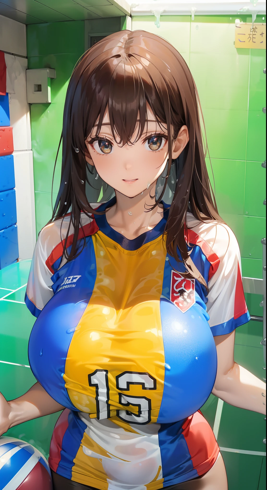 a woman with silky hair, big breasts, soft breasts, super big big breasts, shiny nipples
wet
wear a volleyball jersey, ((((t-shirt fully covered in white clear slime!)))) 