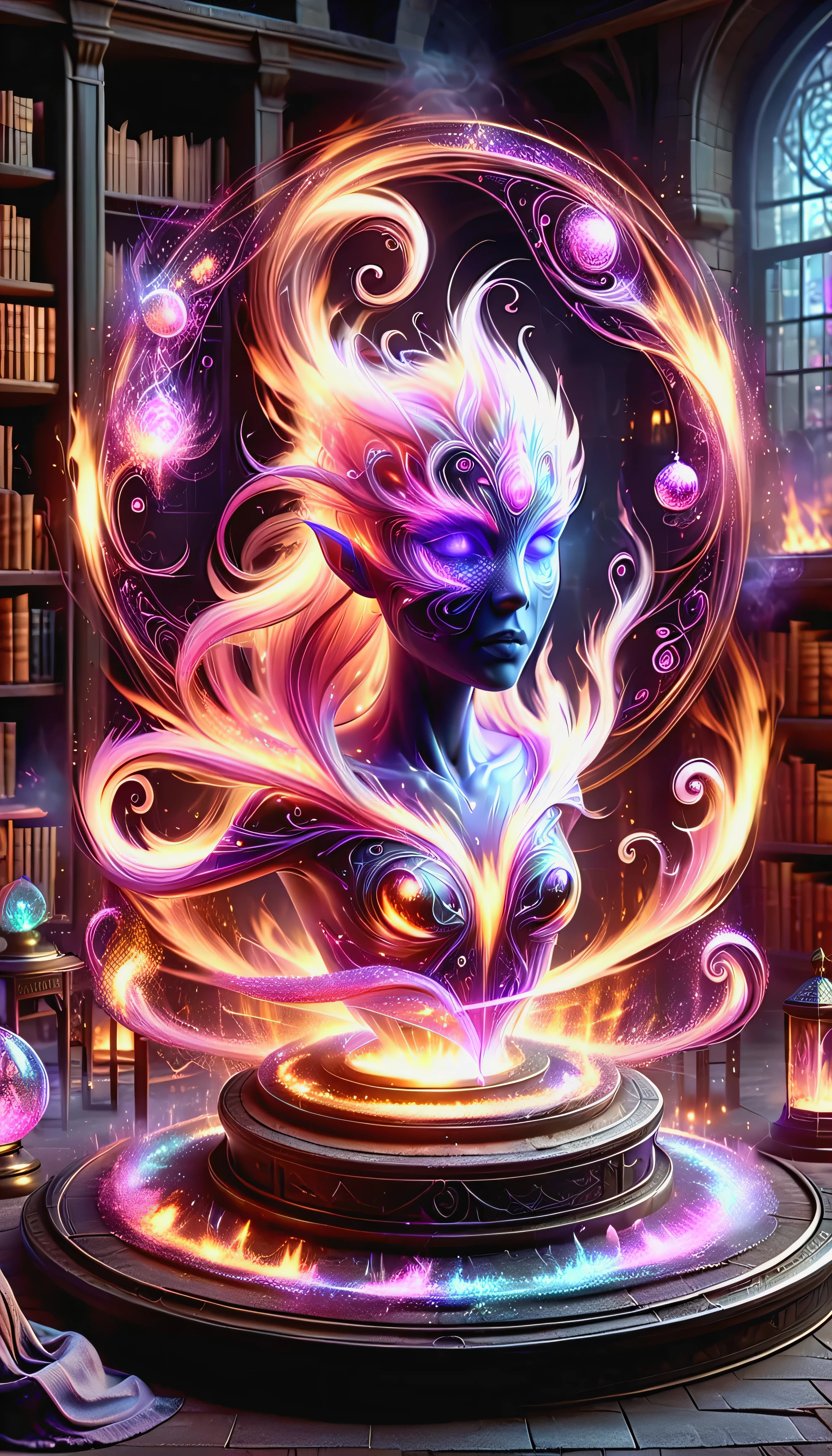 magic circle creating a round translucent arcane force field of a fire elemental in a wizard alchemy lab with potions and books and magical itemsdisplay case  DonM3l3m3nt4lXL, (masterpiece:1.2), best quality, (hyperdetailed, highest detailed:1.2), high resolution textures, 