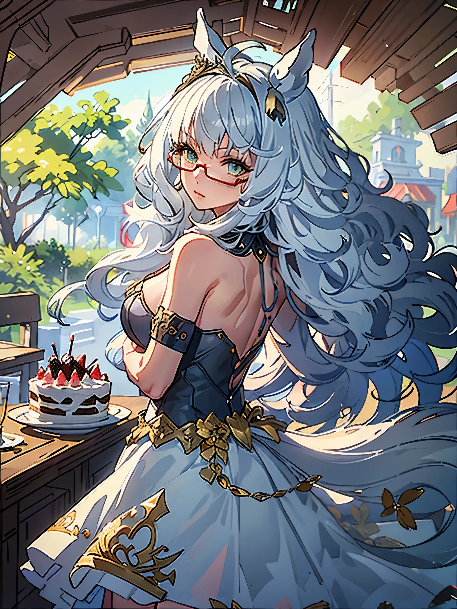 ((8k, highest quality, master piece: 1.2, super detailed, super high resolution, super detailed)), 1 girl, biwa hayahide \(umamusume\), semi-rimless eyewear, under-rim eyewear, red-framed eyewear, beautiful eyes. ((birthday cake)), wedding dress, shot of cowboy girlfriend, ink painting, ink painting, chest emphasis