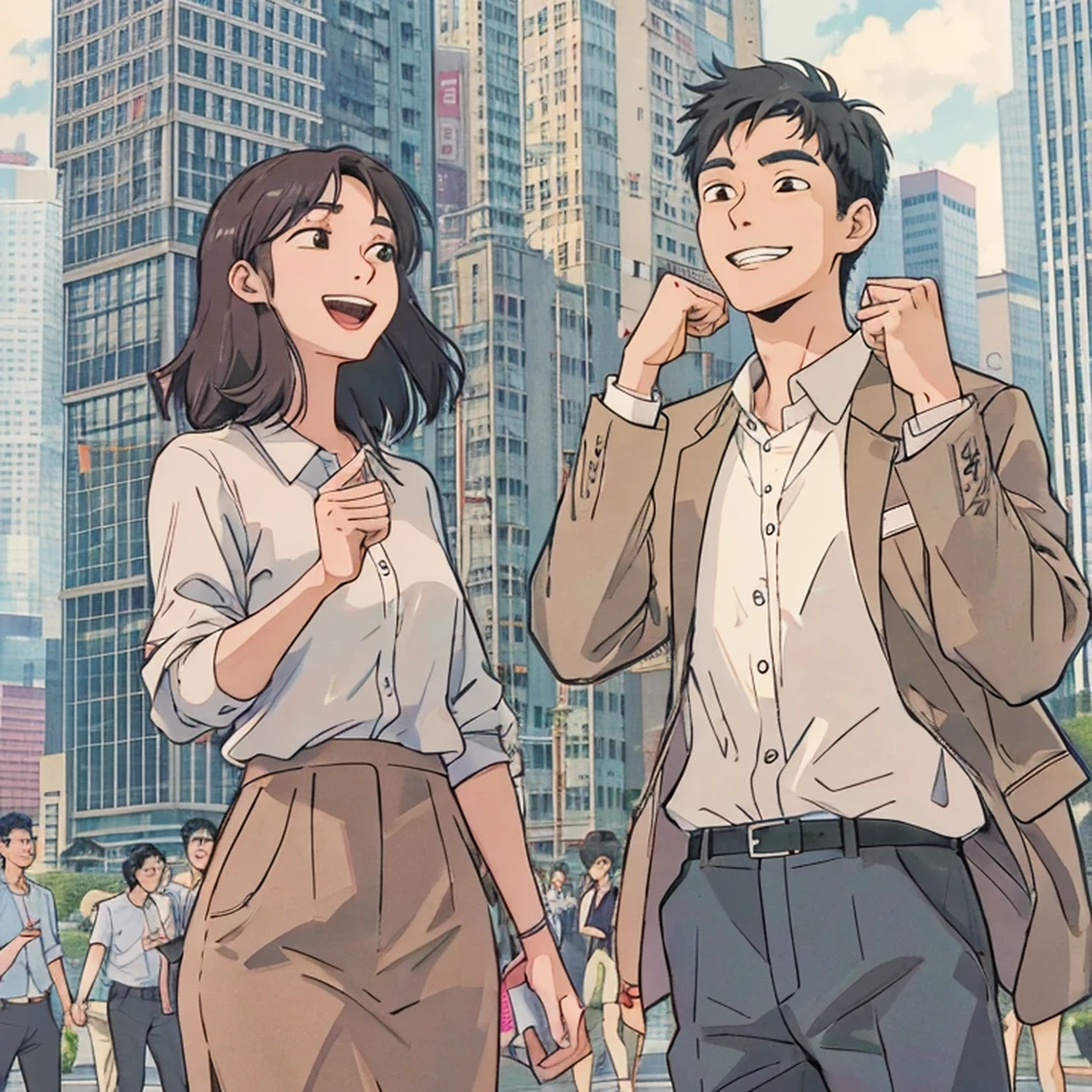 20 year old Asian male character, 20 year old Asian female character, stand together, Look at the sky, cute smile, Energetic, clenched fist gesture, common goal, Half body, Successful people, Business Casual, Hong Kong financial center background