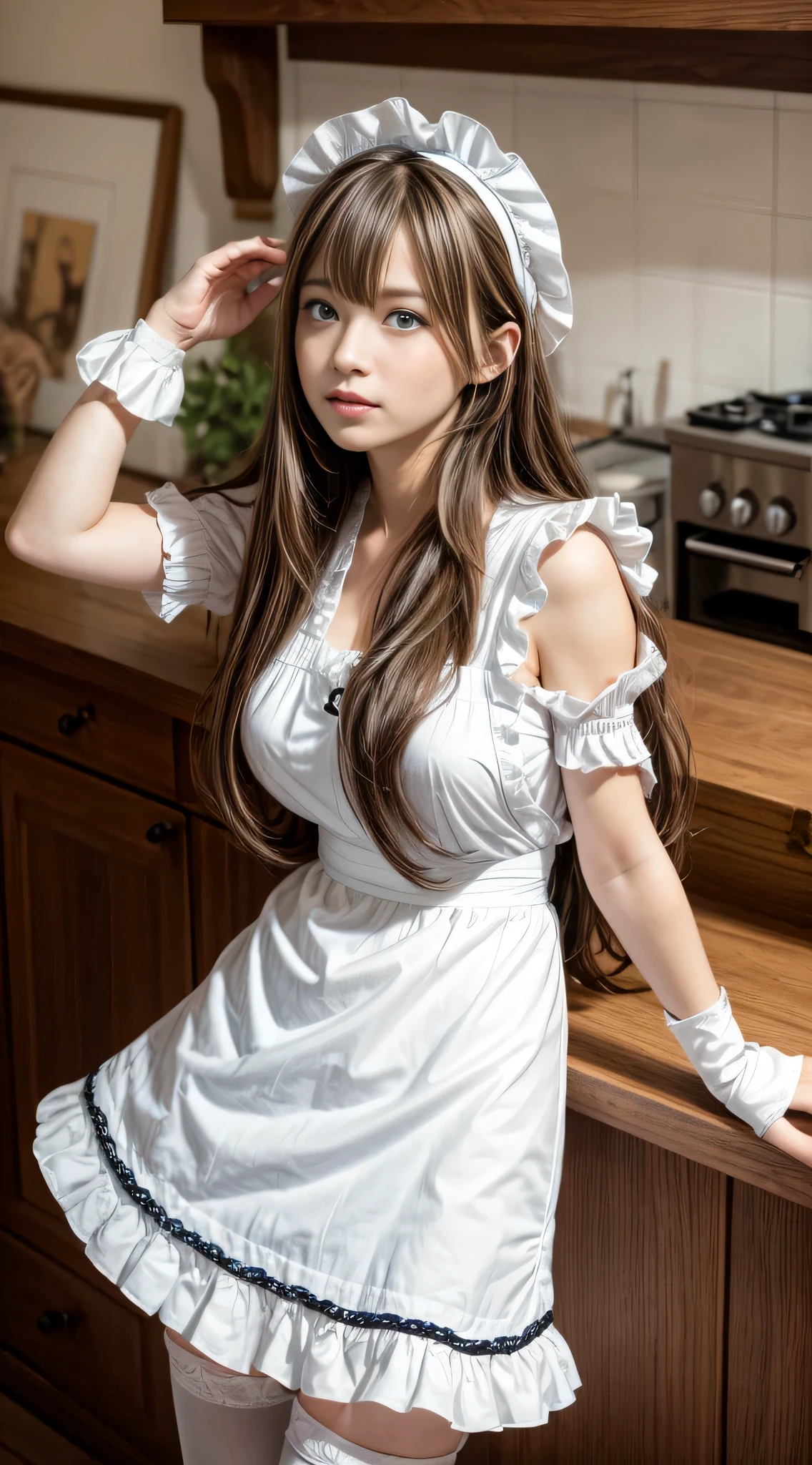 (High resolution), (the most absurd quality), (high quality), (masterpiece), 1 girl, Asuna, blue eyes, long hair, Hello, hair above one eye, very long hair, light brown hair, (big breasts), hair ribbon, maid, maid headdress, apron, frills, frilled apron, plump sleeves, short sleeve, white gloves, white stockings, turn your arms behind your back, looking at the viewer,