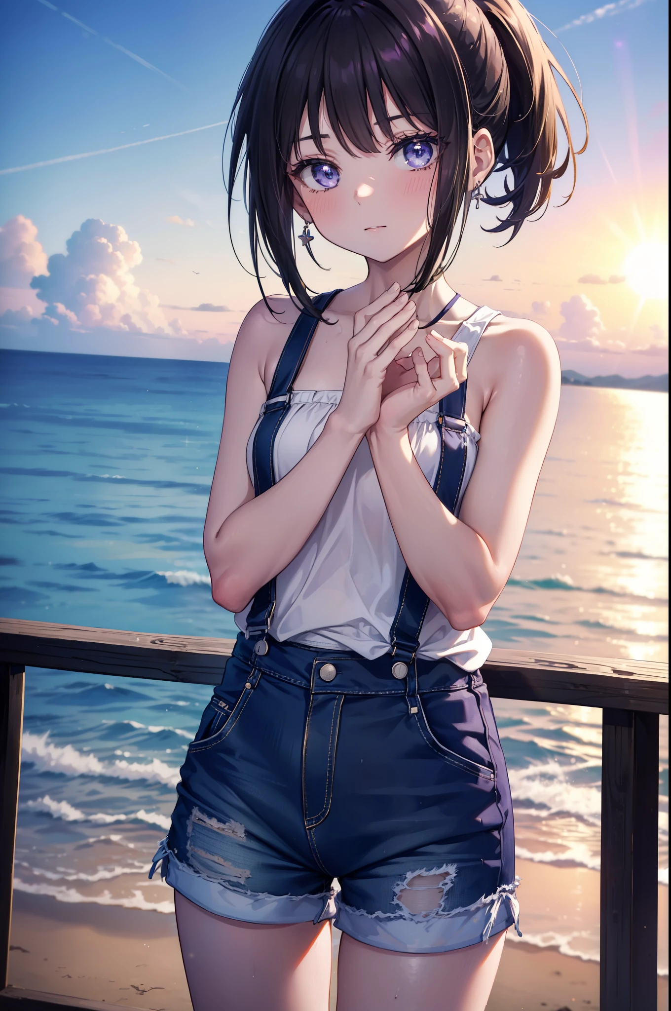 Takiuchi Kame, check it out, short hair,ponytail, bangs,  black hair, (purple eyes:1.2),smile,blush,sleeveless tank top,blue shorts overalls,barefoot,barefoot,beachの砂浜を散歩しながら,Light of the sun,noon,true summer,Palm tree,
break outdoors, beach,
break looking at viewer, (cowboy shot:1.5),
break (masterpiece:1.2), highest quality, High resolution, unity 8k wallpaper, (figure:0.8), (detailed and beautiful eyes:1.6), highly detailed face, perfect lighting, Very detailed CG, (perfect hands, perfect anatomy),