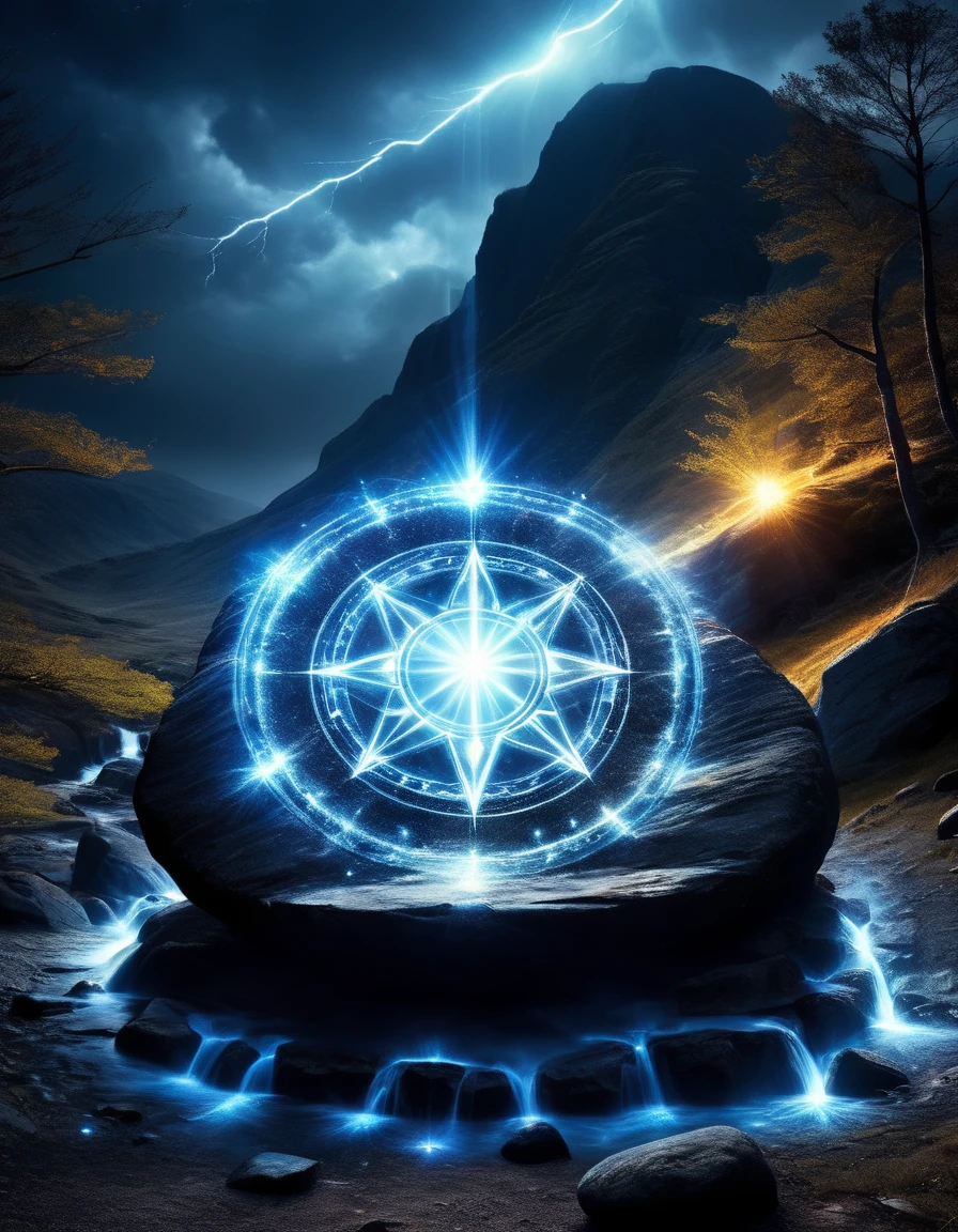 （dark fantasy），（super wide angle），Ancient boulder magic circle，Desolate Highlands，Ancient forest，Weathered rock，Six pointed star layout，Constellation Alignment，Mysterious runes，blue light，Night lightning，energy，Creature Summoning，The wizard chants and whispers，air cracks，Burn the eyes，darkness and fear，Mysterious and dangerous atmosphere，Electroluminescence，dreamy glow，concept digital art，（masterpiece，best quality，ultra high definition，Extremely detailed，illumination）