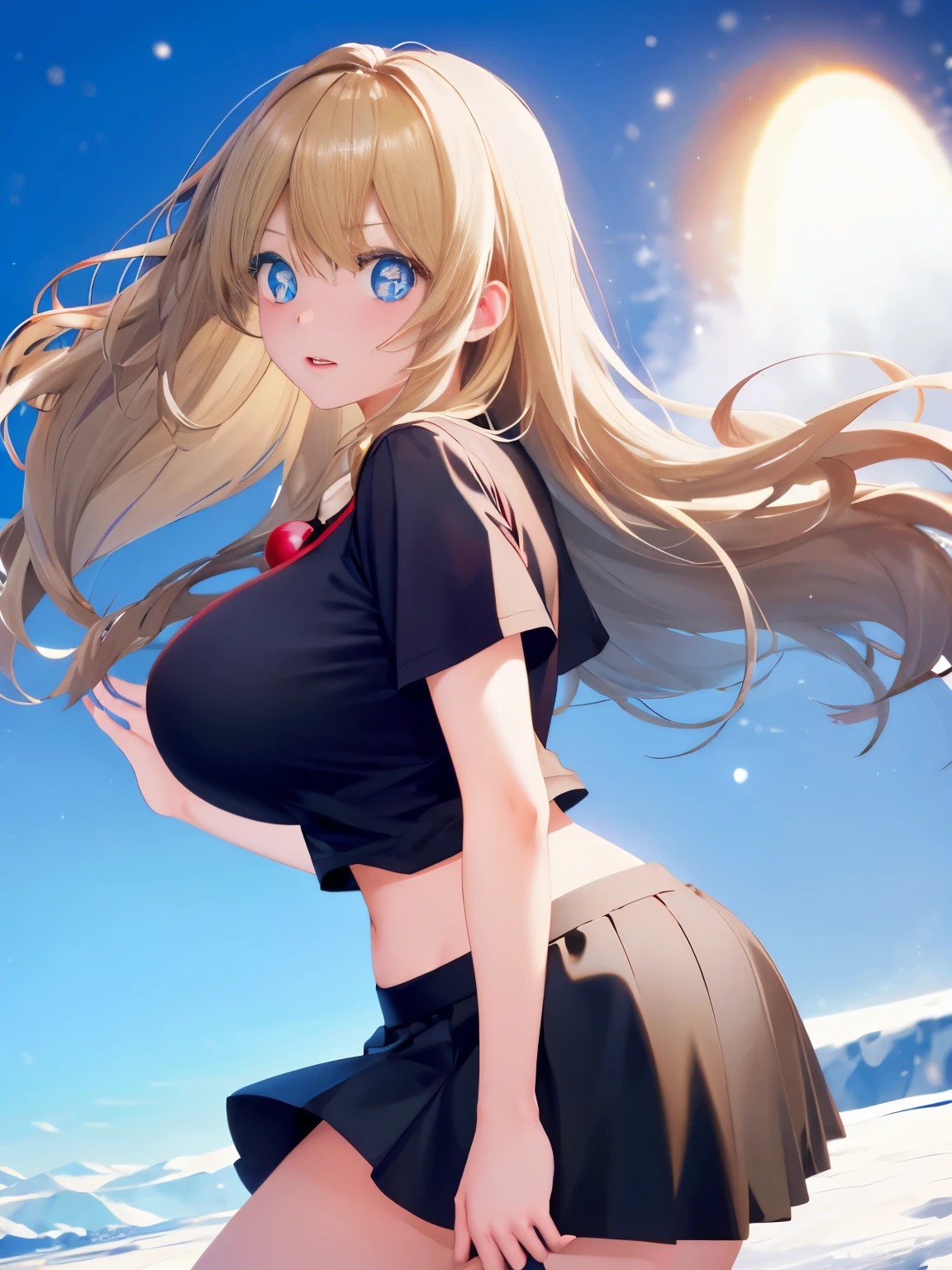 1woman,super beautiful,Standing, Sneezing, red nose, skirt lifted, white panties, hand holding skirt, blue eyes,At the North Pole, strong winds, blizzards,half body photo,Beautiful eyes,perfect face,black t-shirt,black t-shirt,black mini skirt,black mini skirt,Very big breasts,Blonde hair,long hair,wavy hair,Hair flying,bangs,ultra detail,ultra Hd, masterpiece,4k