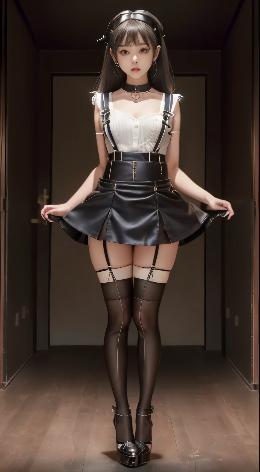 young girl,(full body shot:1.3),(A bell around the neck:1.2),(miniskirt:1.6),(suspenders for garters:1.2),(Gaps between the legs:1.6),华伦天奴high heels鞋,(high heels:1.3),(Thigh ties:1.1),(Full chest:1.6),（Short skirt lifted：1.6）