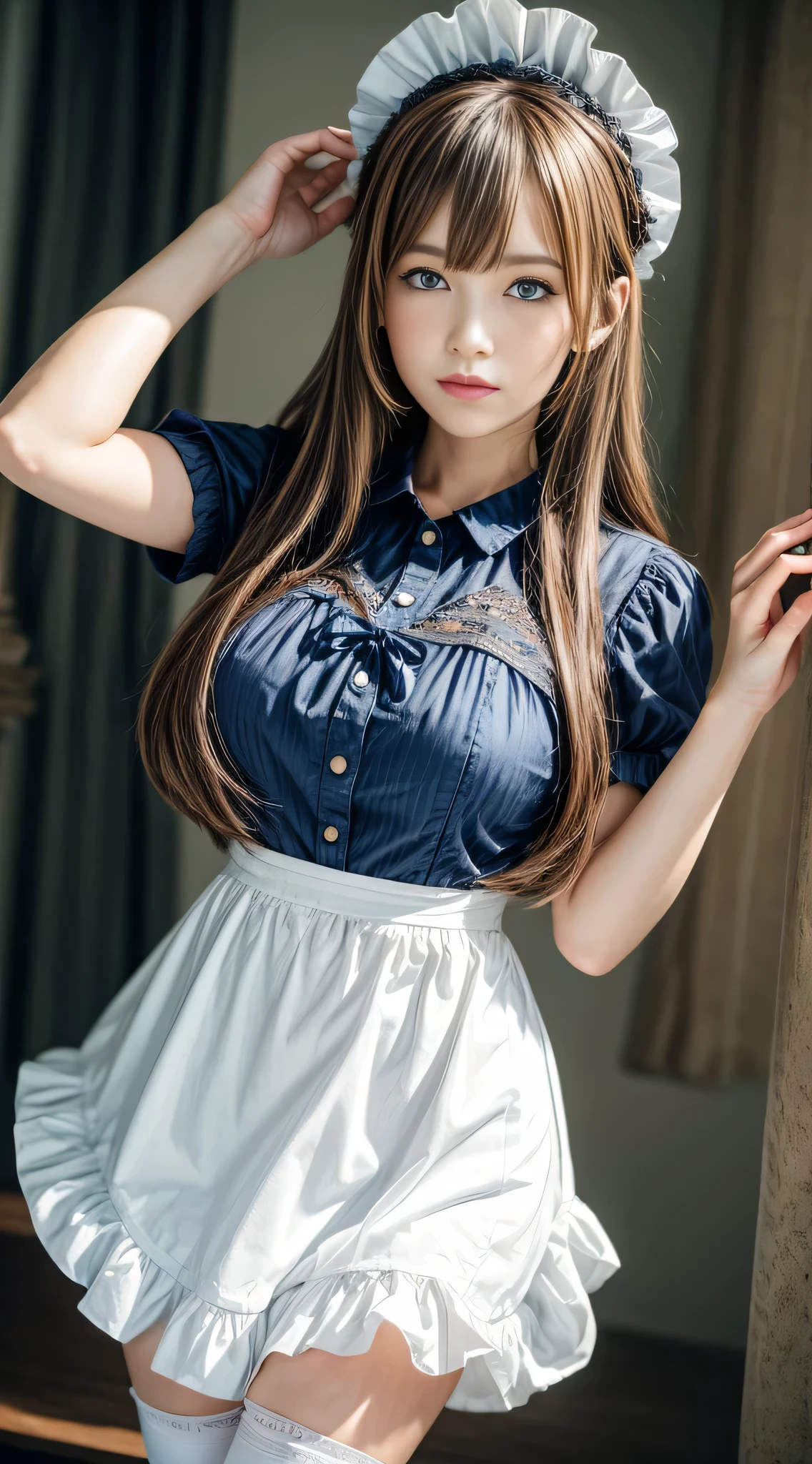 (masterpiece, best quality:1.2), cowboy shot, solo, 1girl, charlotte aulin, expressionless, closed mouth, looking at vewer, ascot, capelet, skirt, blue thighhighs, open shirt, no bra, medium breast, tits