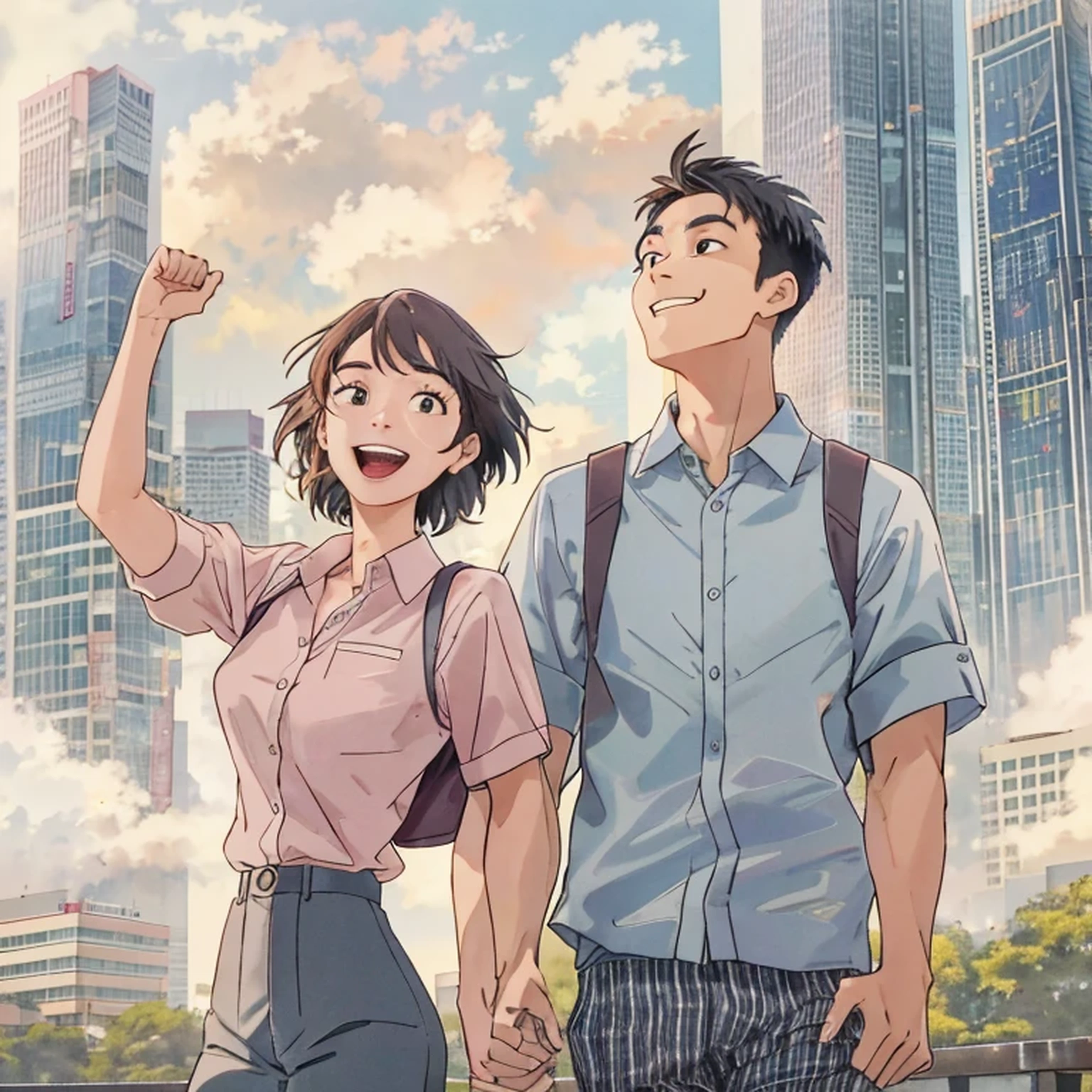 20 year old Asian male character, 20 year old Asian female character, stand together, Look at the sky, cute smile, Energetic, clenched fist gesture, common goal, Character proportion 40%, whole body, Successful people, Business Casual, Hong Kong financial center background
