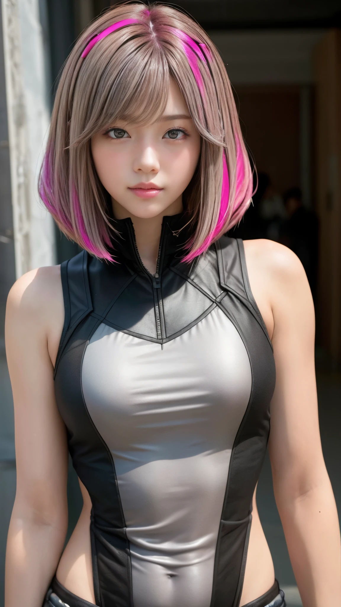 Photo of two realistic black Sazabi girls，Shortcut Bob Cut，I have a lot of hair，brown eyes，Hair color is bright pink，cool look，background is gray， daughter of Haman Khan and Char Aznable.