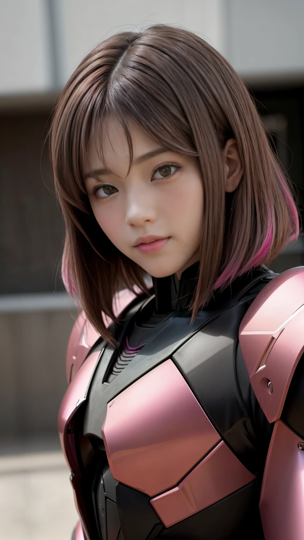 Photo of two realistic black Sazabi girls，Shortcut Bob Cut，I have a lot of hair，brown eyes，Hair color is bright pink，cool look，background is gray， daughter of Haman Khan and Char Aznable.