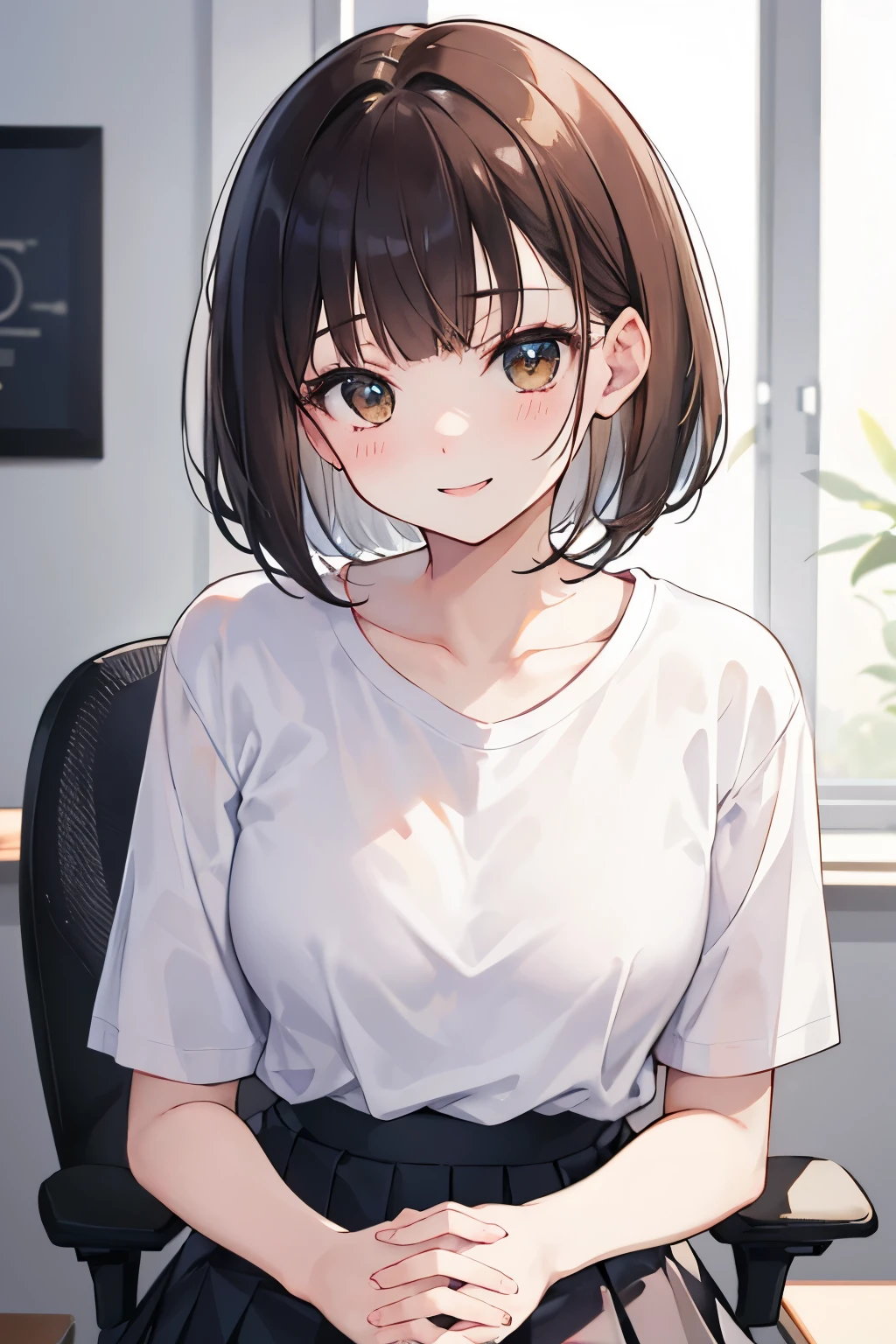frame in, from right in front of face and body, view straight on, upper body, High quality, very high res, High quality, very high res, cute girl, brown hair, forehead, blunt bangs, bob cut, blush, Brushed up bangs, ((white wearing a plain t-shirt)), upright, pleated skirt, sitting in a work chair, leaning forward, ((Raise your chest with both hands)), smile, at office