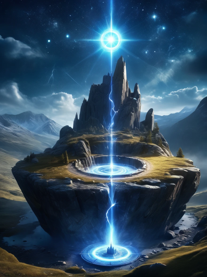 （dark fantasy），（super wide angle），(Ancient boulder magic circle)，Desolate Highlands，Ancient forest，Weathered rock，(Six pointed star layout)，(Constellation Alignment)，(Mysterious runes)，(blue light)，Night lightning，energy，Creature Summoning，(The wizard chants and whispers:1.3)，air cracks，Burn the eyes，darkness and fear，Mysterious and dangerous atmosphere，Electroluminescence，dreamy glow，concept digital art，（masterpiece，best quality，ultra high definition，Extremely detailed，illumination）