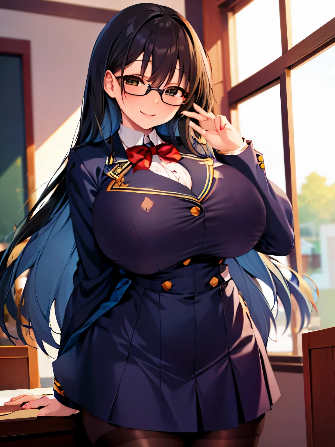 high quality,masterpiece。cute long black hair woman,Hairstyle is long straight。She stands upright with her face and body facing the viewer,true identity。her hands are empty,Both hands are not posed。she looks tall。Her breasts are huge and very big,Good style。She has a cute face that looks good with glasses and is smiling with her glasses on.,Both eye colors are brown。Clothes: dark blue school uniform,navy blue blazer,navy blue skirt。black stockings on both legs。she is standing,The place I'm standing is the classroom。