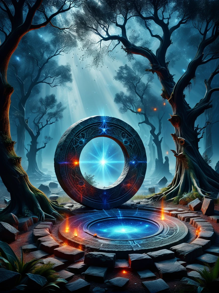 (bird&#39;s eye view:1.5)，((A wizard stands in a shimmering ancient stone magic circle and chants a spell:1.5))，(In the hexagonal red ray layout formed by the constellation adjustment:1.5)，(Mysterious runes emit an illusory blue light:1.5)，As night falls, the surroundings are filled with mysterious energy，This triggered the summoning of creatures，Whispering trees loom in the cracks in the aiery eyes burning in darkness and fear，The earth trembles，Exudes a mysterious and ominous atmosphere。This illustration has a sinister atmosphere，The ancient ruins are filled with an eerie atmosphere，Mysterious symbols cast an ominous shadow。Image quality is the best，Depicted in ultra-high detail，Presents realistic picture effects，Using HDR and UHD technology，With studio lighting，Vibrant colors。The art style is Fantasy Dark，The color palette is mainly dark blue and black，With a touch of mystery。