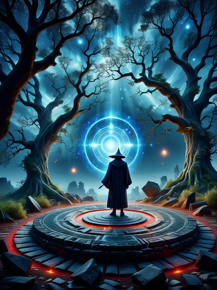 (bird&#39;s eye view:1.5)，((A wizard stands in a shimmering ancient stone magic circle and chants a spell:1.5))，(In the hexagonal red ray layout formed by the constellation adjustment:1.5)，(Mysterious runes emit an illusory blue light:1.5)，As night falls, the surroundings are filled with mysterious energy，This triggered the summoning of creatures，Whispering trees loom in the cracks in the aiery eyes burning in darkness and fear，The earth trembles，Exudes a mysterious and ominous atmosphere。This illustration has a sinister atmosphere，The ancient ruins are filled with an eerie atmosphere，Mysterious symbols cast an ominous shadow。Image quality is the best，Depicted in ultra-high detail，Presents realistic picture effects，Using HDR and UHD technology，With studio lighting，Vibrant colors。The art style is Fantasy Dark，The color palette is mainly dark blue and black，With a touch of mystery。