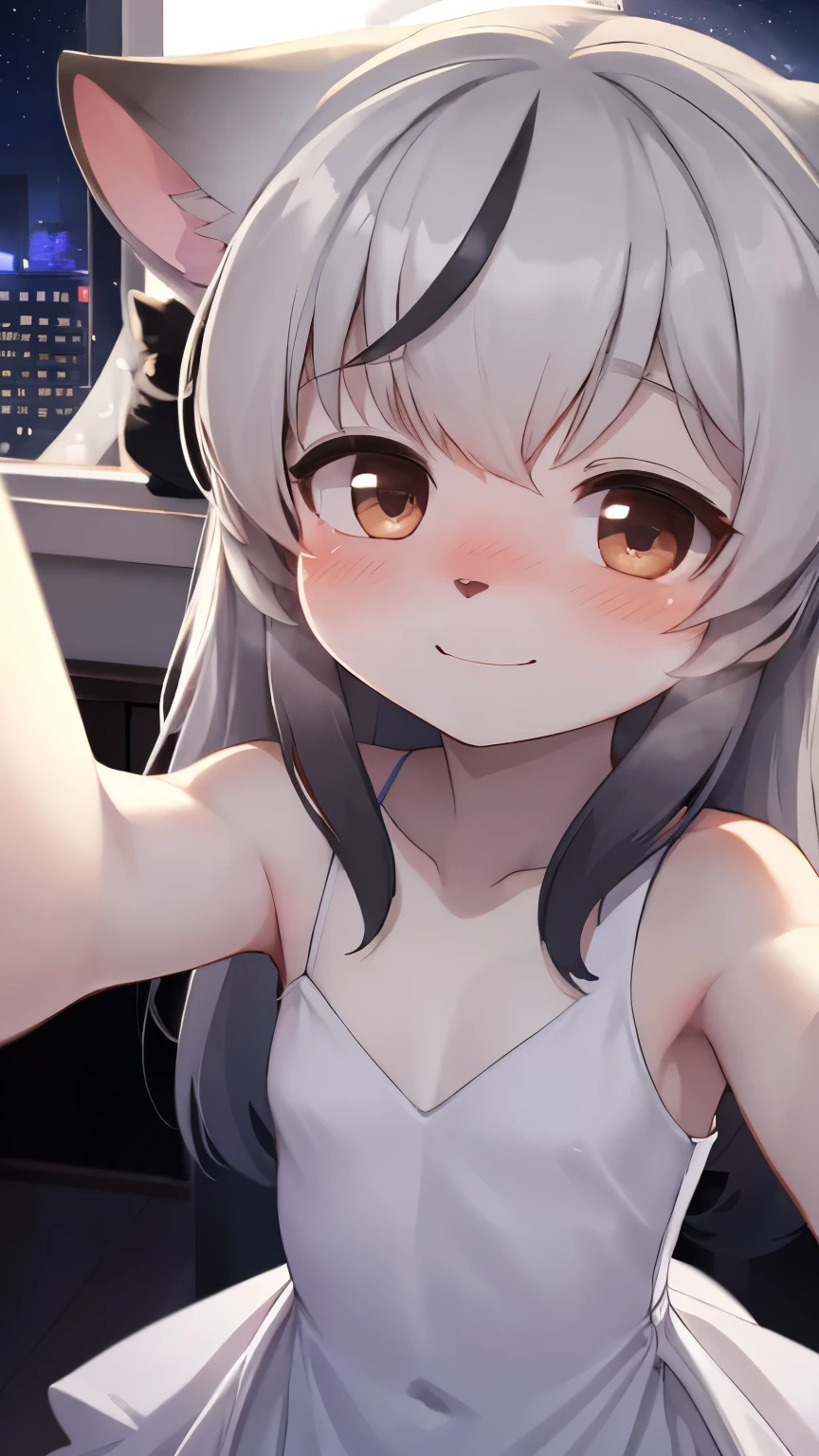 (young :1.3),furry,light grey fur,shy face,smile,full face blush,luxury room,white dress,shoulderless,sleeveless,night,light and shadow,building,white light,fullmoon,upper body only,close up,selfie,heavy breath