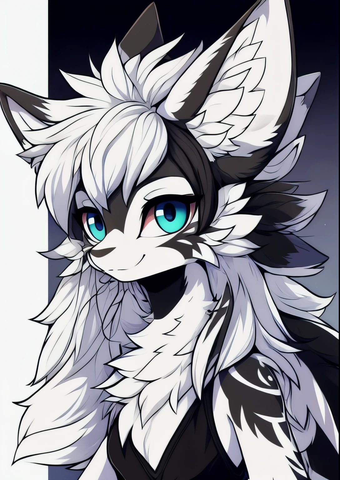 Avali , Furson, Young woman, black and white accents, 2 pairs of ears, Javali, fluffy hair, dirty ink