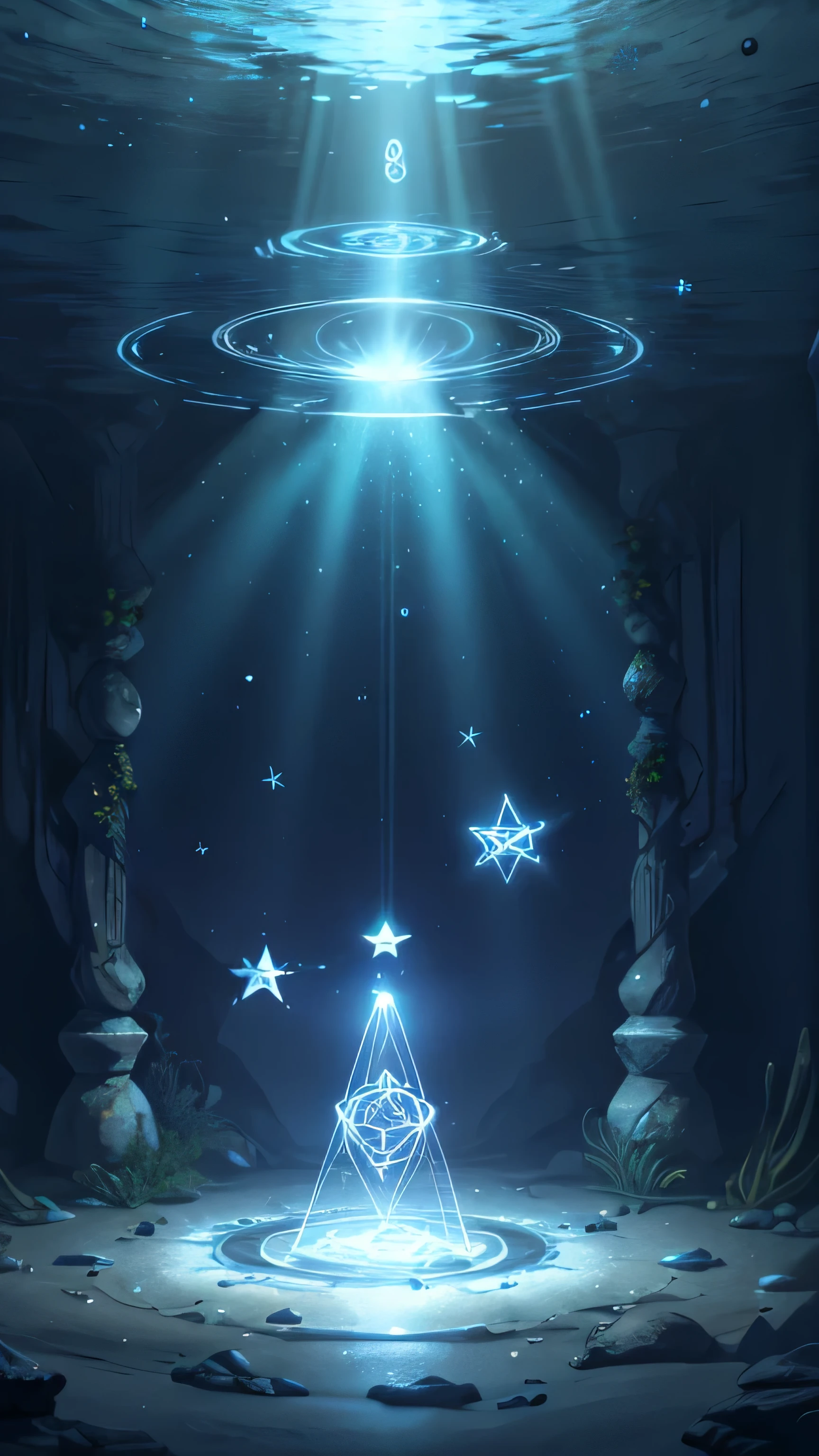 magic circle in water (portal teleportation), luminous, bluish, round geometric shape, magical being, magical, underwater being, Wicca, pentagram (realistic and bright colors, ultra-detailed, 16K). 