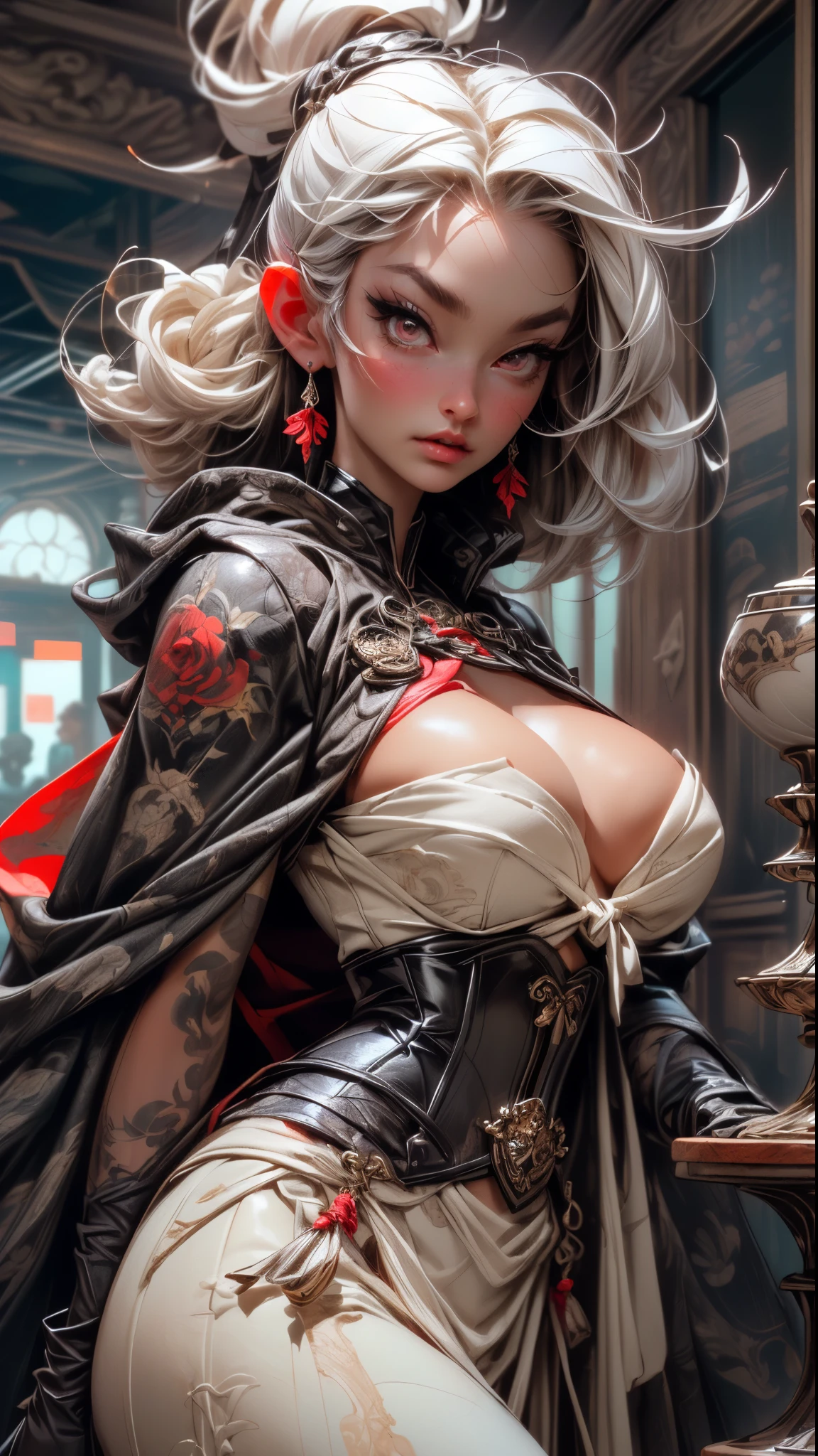 (skindentation:1.5), realistic, photorealistic, (masterpiece:1.5), concept art, intricate details, highly detailed, octane render, 8k, unreal engine, sexy seductive slutty dynamic pose, best quality, highres, ((dramatic)), epic, depth of field, 8k, particles, (realistic face:1.1, hyperrealistic:1.1), ((1vampiregirl, close-up, accentuated super huge enormously gigantic breasts, cleavage showing, perfect eyes, detailed eyes, high quality eyes, perfect face, high quality face, shiny pale skin:1.2, shiny face:1.2, embarrassed, blushing:0.8, red eyes)), server, dark gothic horror rustic tavern interior in background, pitcher, sign, jovial fantasy atmosphere, detailed background, blurry wooden bar table as foreground, (((very long platinum white hair, perfect hands))), ((extremely intricate cloak, leather corset armor, leather belt, boots, padded cloth, gloves with lots of straps buckles and zippers)), Full body portrait