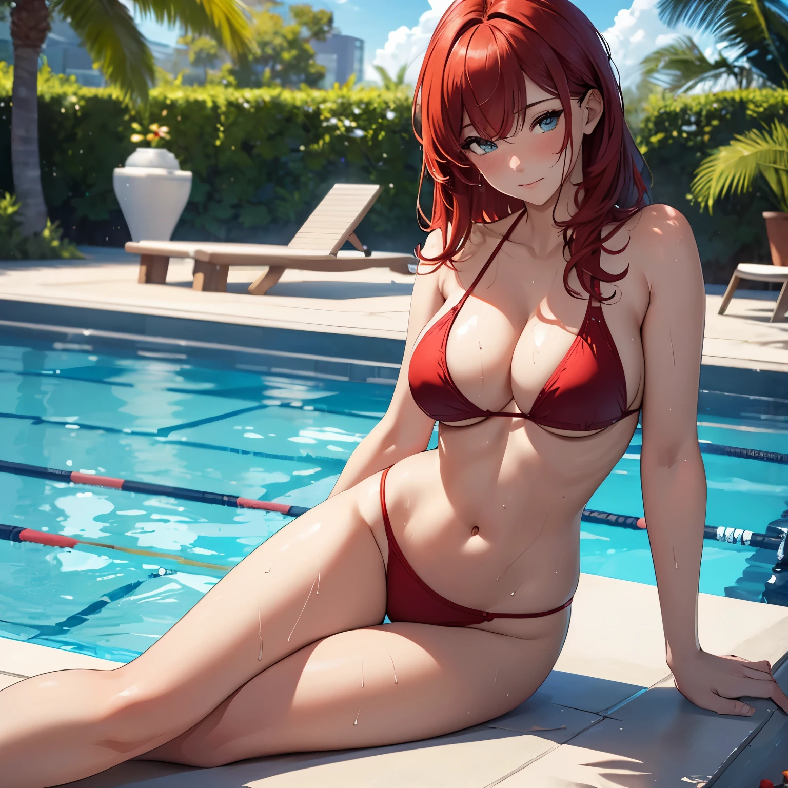 (Master piece), (best quality), (ultra detailed), high quality, highest details, ultra hd, outside pool, 1girl, medium red hair, wet, bikini, nartural shadow, large breast, large ass, blushing face, solo, perfect body, 8k, blue sky.