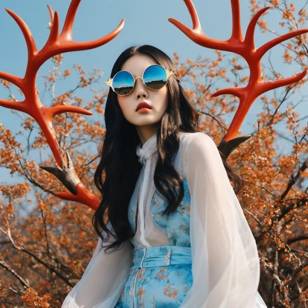 （（（Windproof goggles）））（windproof sunglasses）Antlers Flying Nine Tails Light Blue Sky Master Flame Hair Star，Dark moonlit night, Gold and orange snake-print silk trousers，Rouge Diamond Tulle Sheer Lizard Print，very happy，Authentic and delicate texture，Strong visual impact，super detailed，dream girl，Exquisite face shape，beautiful eyes，Hair floating in the air， cherry style，Zhou Xiaotong，crystal clear，Good sense of perspective，