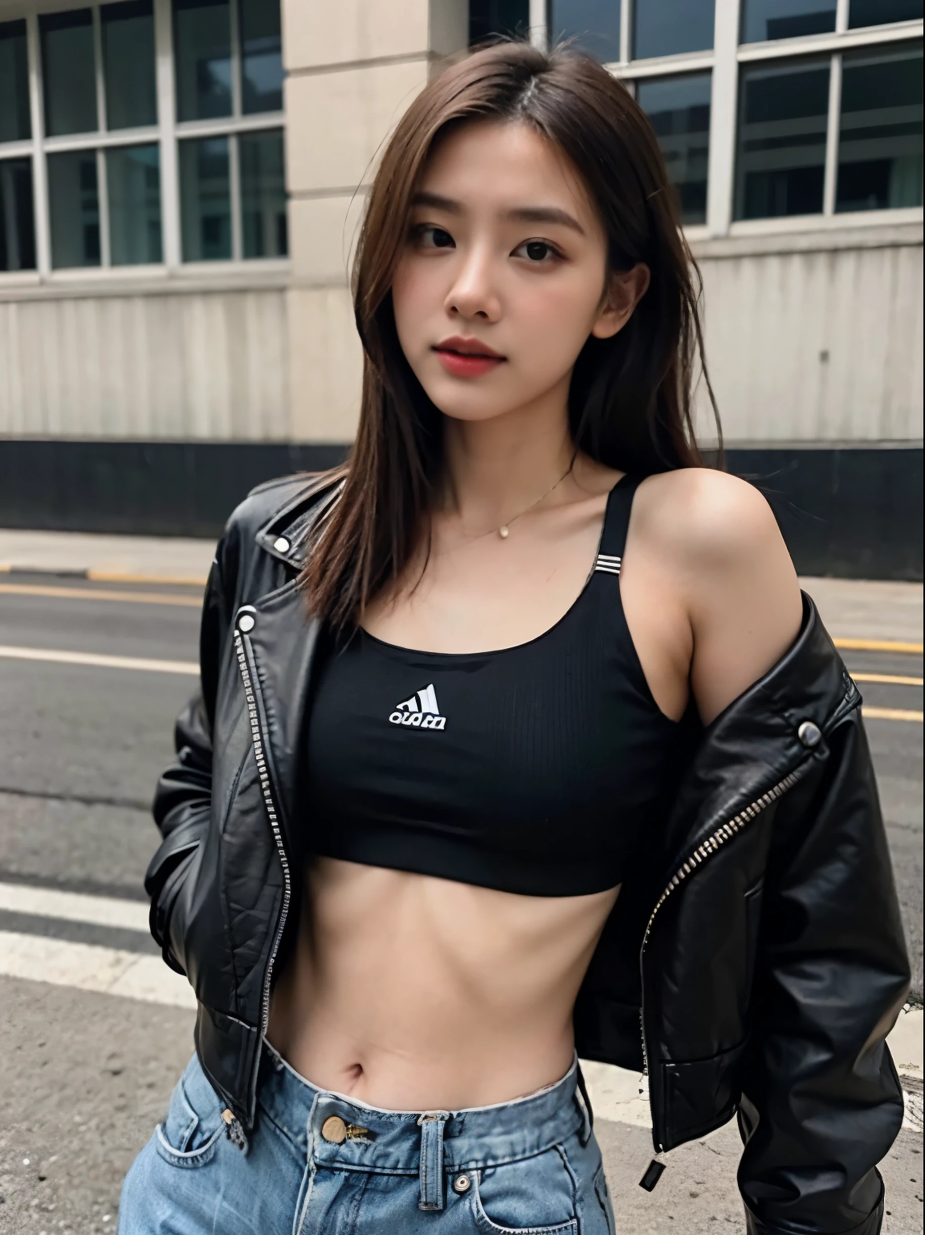 (8k、RAW Photos、top-quality、​masterpiece:1.2)、(realistic Photo-realsitic:1.37)、1girl in、japanese, 18-years old, face lights, Detailed face、Detailed lips, (wearing a black faux leather jacket over sports bra:1.5), (exposed right shoulder :1.5), right arm perpendicular to ground, seductive pose, opened jacket, long black hair,