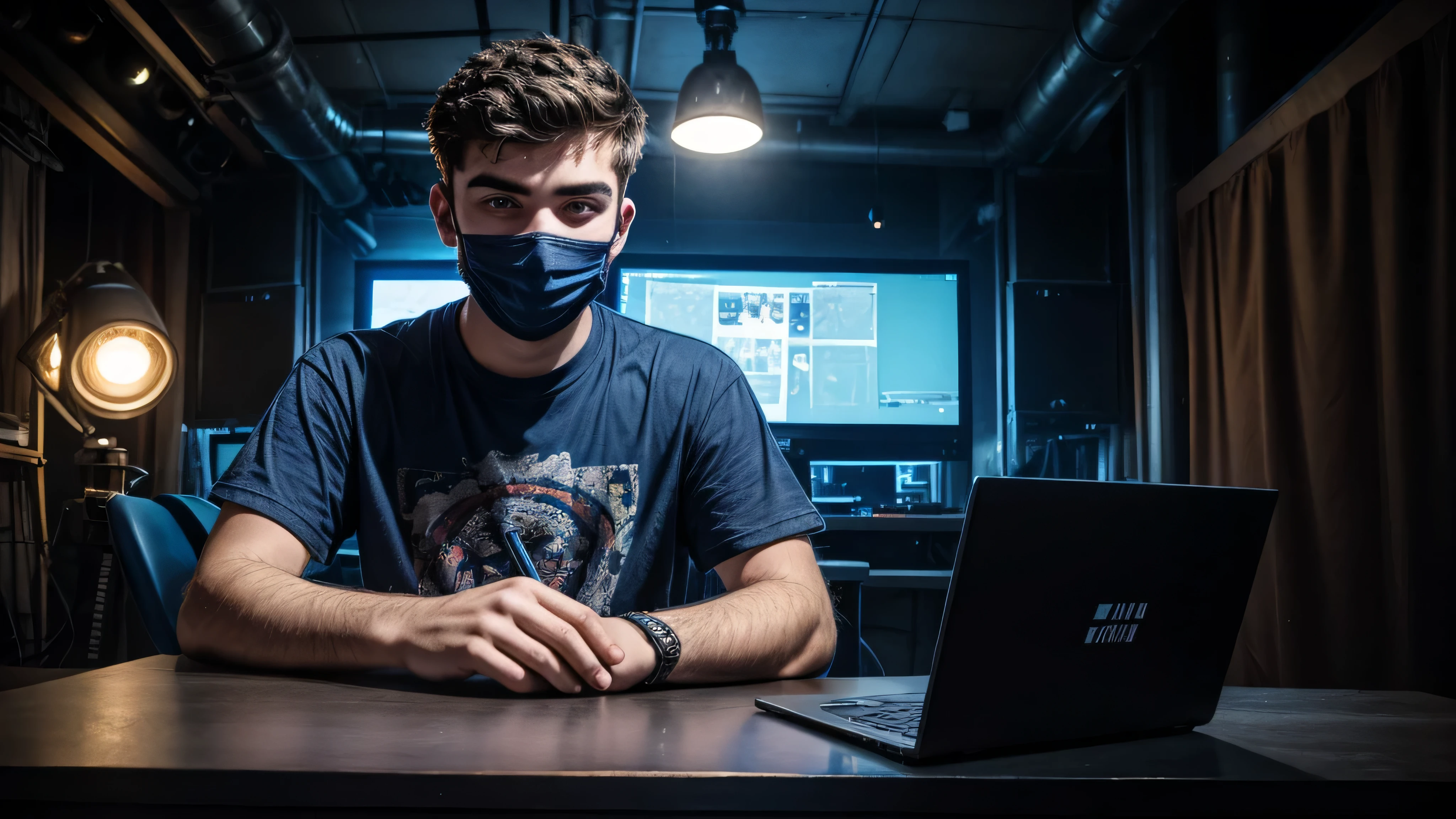 Portrait of a 21 years old man setting on a chair a Studio, wearing a facemask, looking straight to the camera and center, a laptop on a table in front of him, he is talking to the camera, wearing a t shirt, dark cyberpunk, portrait, setting straight, font view, dark Studio dark, Blue color room, sitting straight in front of camera