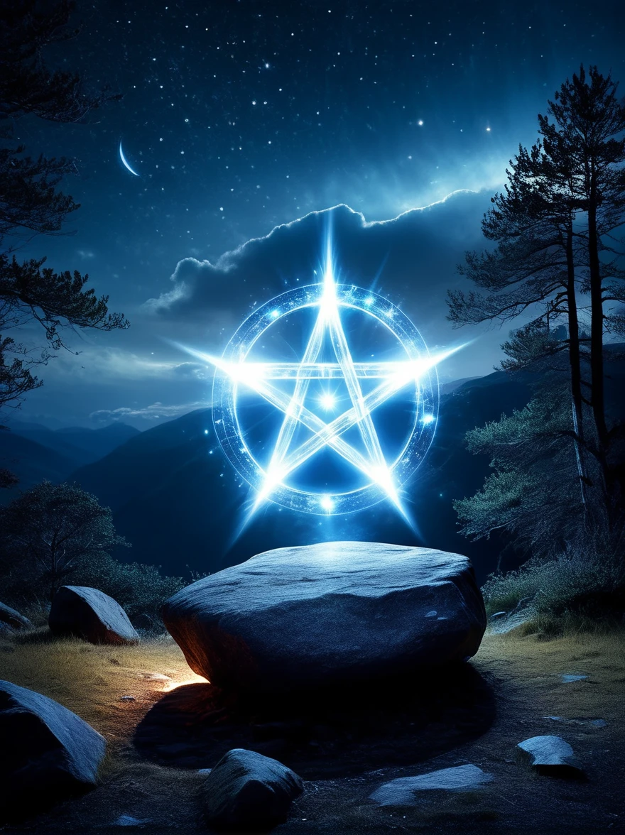 （dark fantasy），（super wide angle），((Ancient boulder magic circle，Six pointed star layout，Constellation Alignment，Mysterious runes，blue light))，(The wizard chants and whispers:1.3)，Desolate Highlands，Ancient forest，Weathered rock，Night lightning，energy，Creature Summoning，air cracks，Burn the eyes，darkness and fear，Mysterious and dangerous atmosphere，Electroluminescence，dreamy glow，concept digital art，（masterpiece，best quality，ultra high definition，Extremely detailed，illumination）