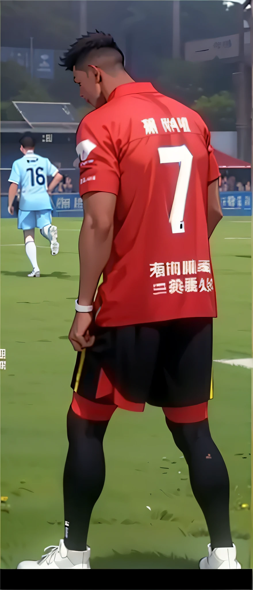 ((actual: 1.5)),((best quality)), ((masterpiece)),((detailed)), man, yellow skin,lower your head,Rear view,white football boots,There are letters &Quote;WEI SH&Quote; on the back of clothes..H”,The text at the bottom is &Quote;Construction of Tianfu Greenway in Chengdu&Quote;