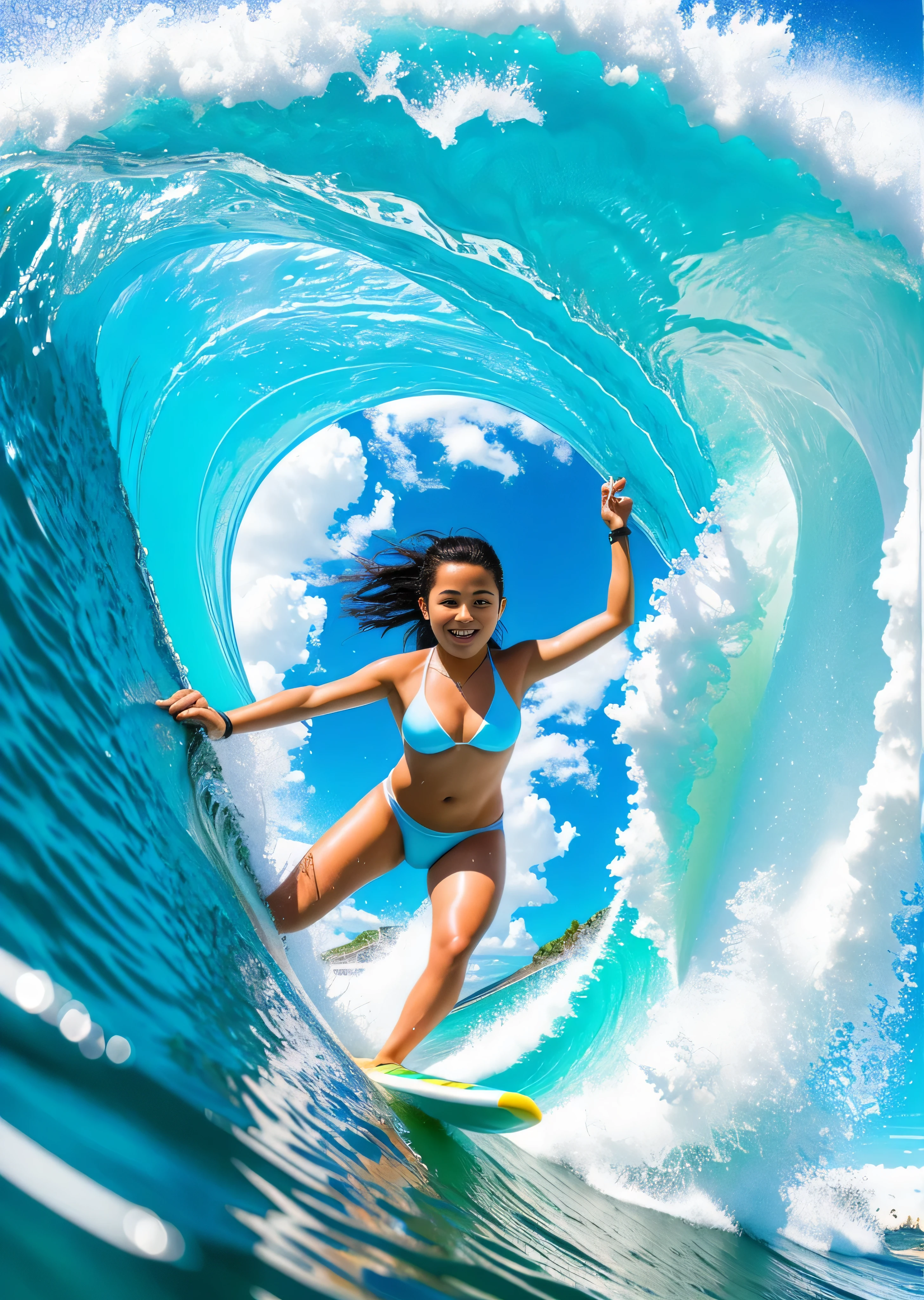 (RAW image quality:1.4), extreme sports photography, surfing, riding along huge Wave, Thrilling tension, selfie medium shot:1.4, Half body, young girl, Japanese, , big breasts, micro bikini, Oceanの背景, Wave, Ocean, shape, high texture, realistic effect