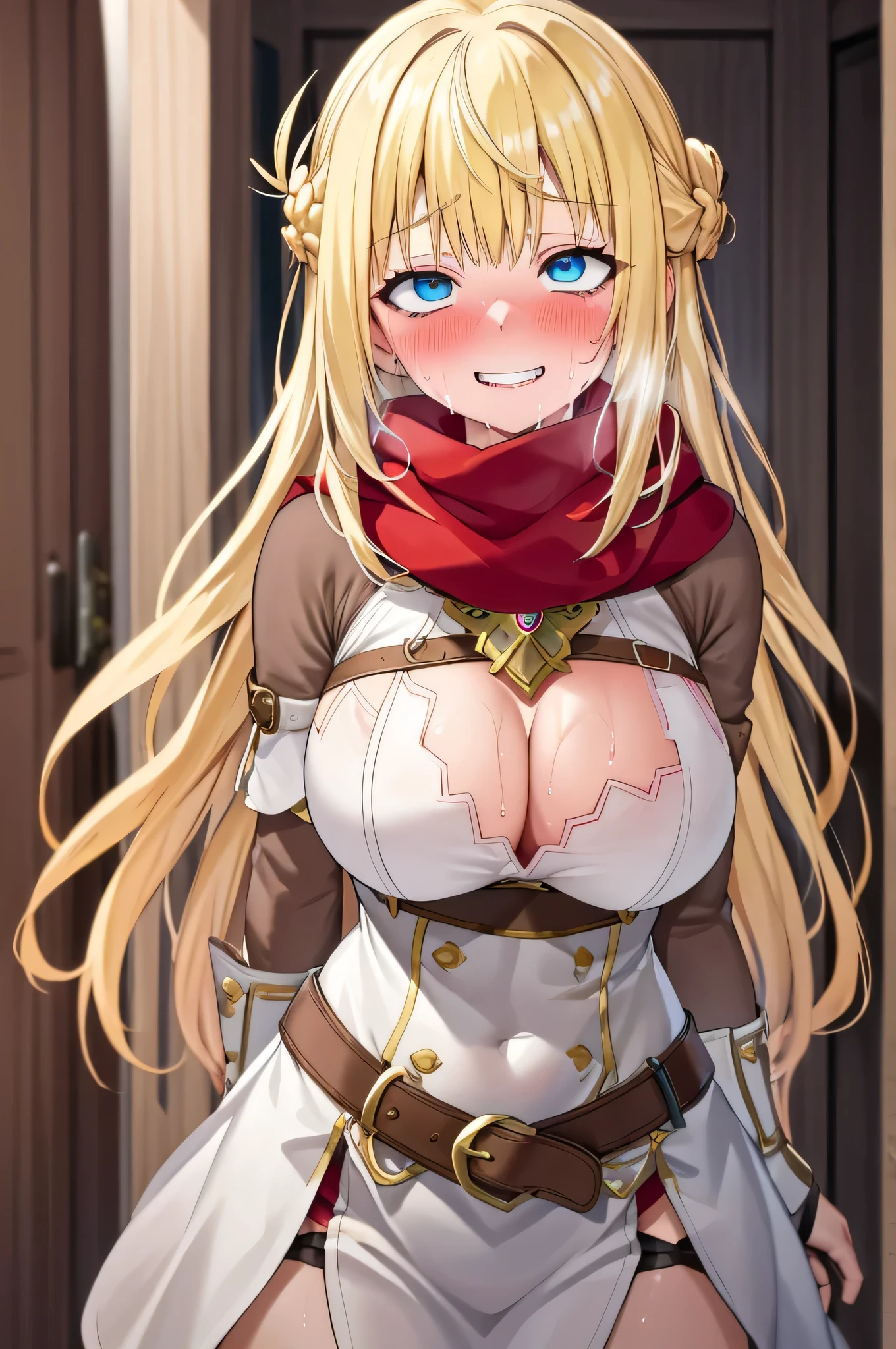 Rit_BFTHP blonde hair long hair red scarf french braid blush large breasts blue eyes,1girl, ahg, rolling eyes, grin, drooling, solo, sweating profusely, cowgirl
