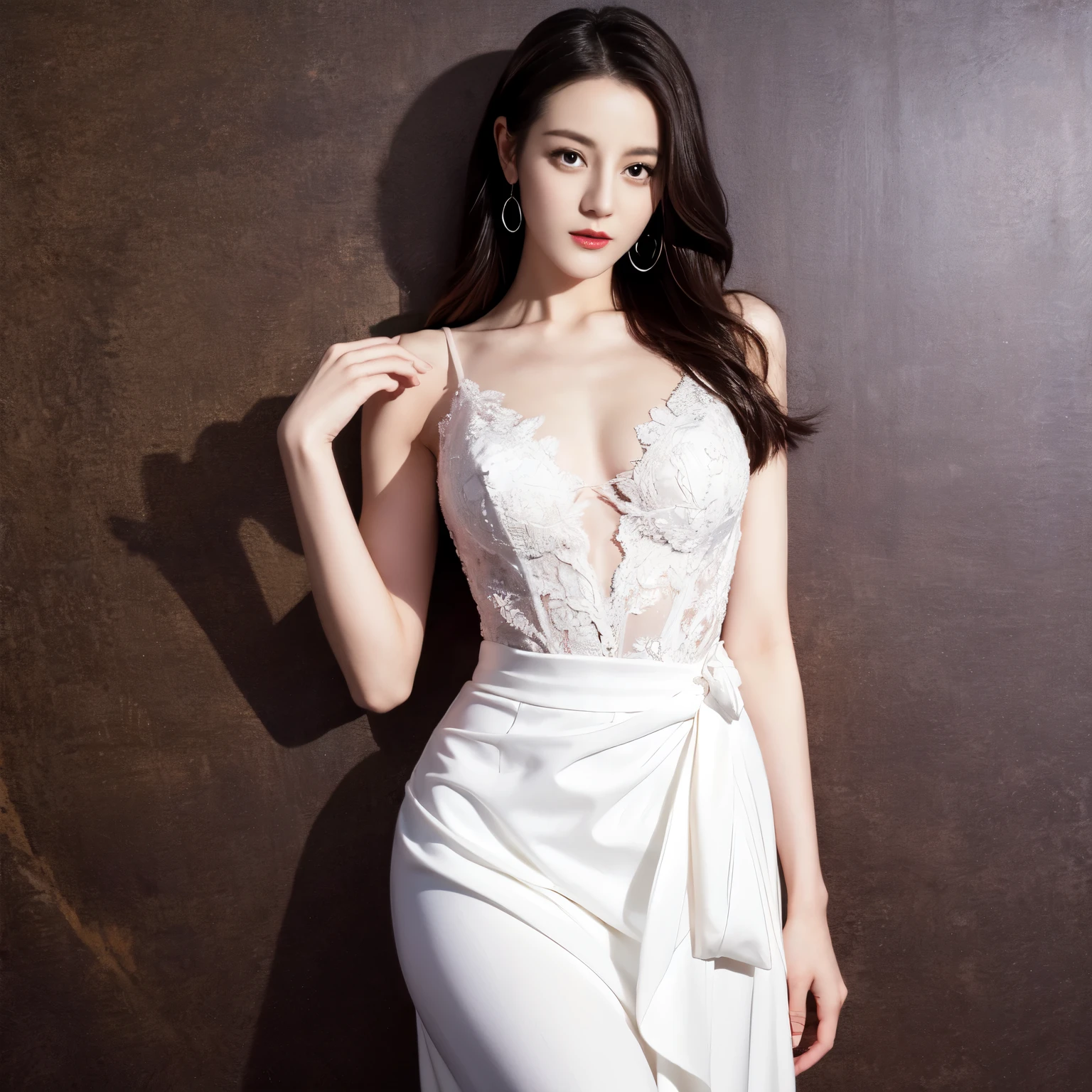((top quality、8k、​Masterpiece:1.3))、Extremely delicate and beautiful girl，full-body shot，huge breasts，bigger breasts，amazing breast size，H cup，long skirt，Sunset，sunset，white snow。Wear big earrings，Very white skin，moist red lips，Waist is very thin，Thighs are very thin，big butt，Reveal a little，fair and smooth skin，Smooth and fair skin，flawless skin，Fair and shiny skin，cold white skin，The camera focuses on the chest，Bright light，白色的抹胸long skirt，white hair，hair is white