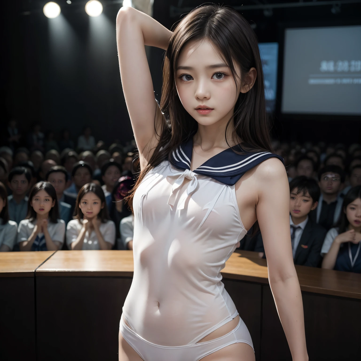 ((masterpiece、highest quality))、shape、Super detailed、8k、realistic、sharp focus、very detailed、professional lighting、Spotlight、colorful details、(A peerless beautiful girl:1.4)、wear underwear、(25 that sticks to your skin%wearing a transparent sailor suit:1.4)、(dance violently:1.3)、(No expression:1.45)、detailed texture、perfect style、erotic body、On stage with a luxurious set、in front of a packed audience、look at the audience、18-year-old、