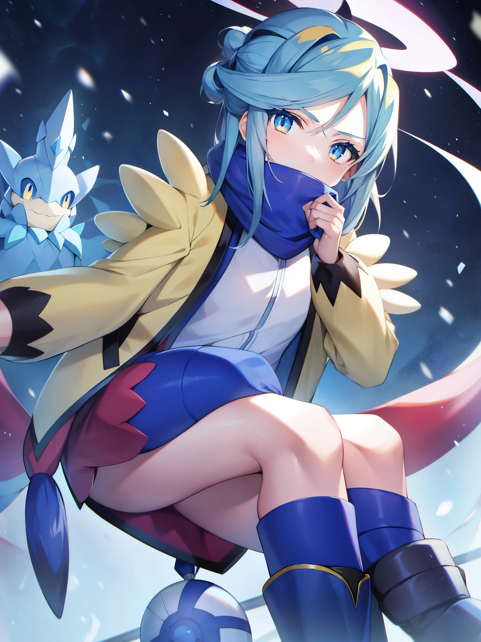 Pokémon、snow mountain、Pokemon Scarlet Violet、Grusha、Napeyama Gym Gym Leader。absolute zero trick、Ice Pokemon Trainer、Her hairstyle is long, light blue, half-up, and has a yellow gradation.、Wearing a yellow sweater with distinctive shoulders、He wears a muffler decorated with monster balls raised to his mouth.、On his feet, he wears blue boots for cold regions.