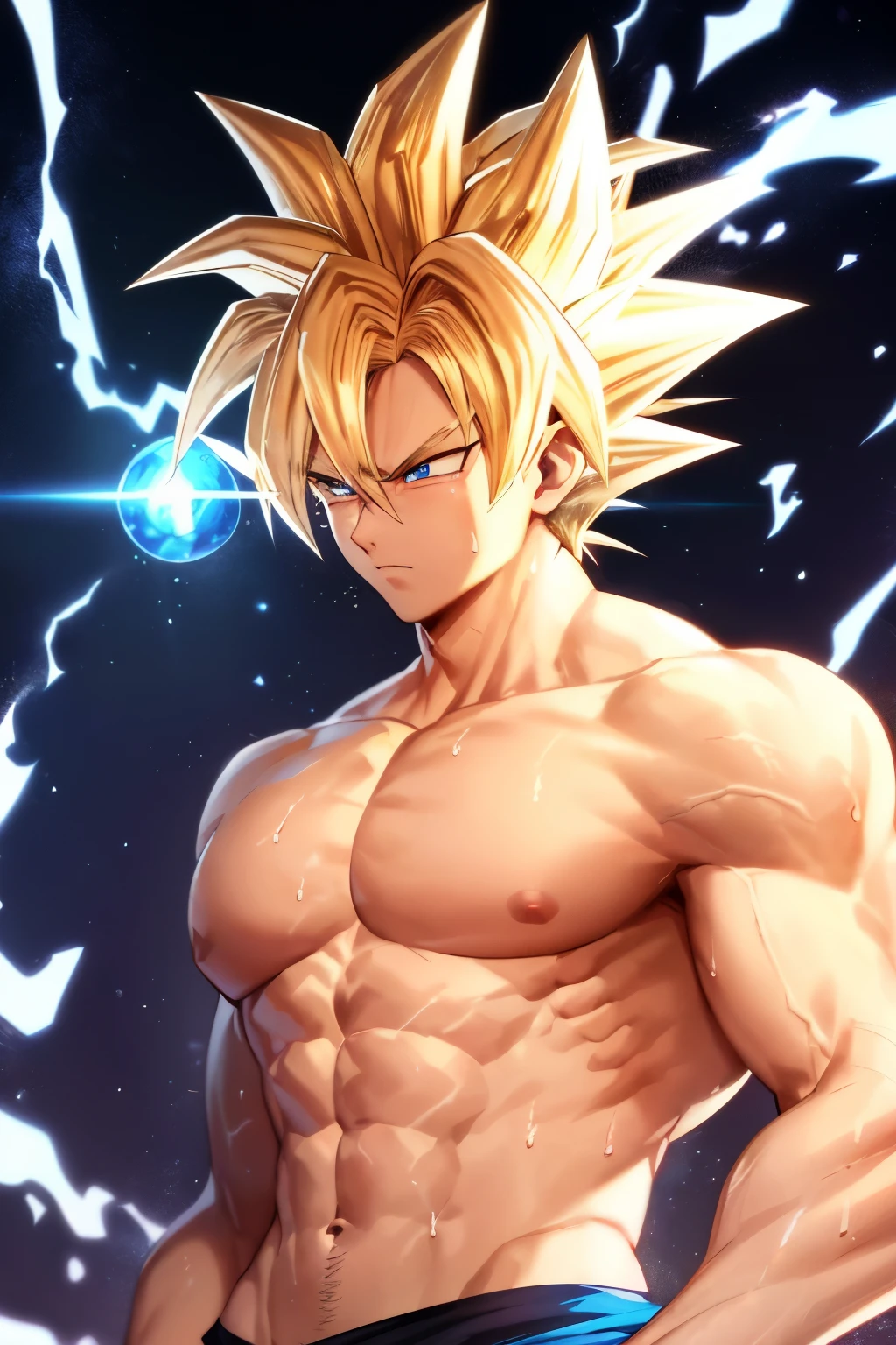 A highly detailed portrait of Goku from Dragon Ball Z, with super saiyan blue aura radiating around his muscular and toned body. His bare midriff is exposed, revealing the intricate muscles and abs that define his ultra instinct capabilities. His hair is spiked and blonde, with beads of sweat glistening on his forehead, adding to his epic and powerful appearance. His intense blue eyes are focused ahead, determined and ready for a  battle. Despite the intense energy emanating from him, a sense of calm and serenity can be seen on his strong jawline. His arms are positioned at his sides, showcasing his perfect anatomy and the definition of his veins.