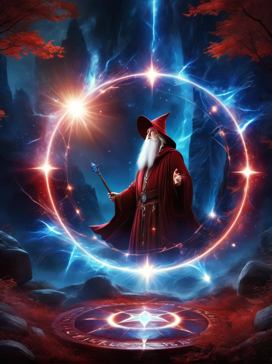 (dark fantasy),(super wide angle),((Ancient dark red summoning magic circle,Six pointed star layout,Constellation Alignment,Mysterious runes,blue light)),(The wizard chants and whispers:1.3),Desolate Highlands,Ancient forest,Weathered rock,Night lightning,energy,Creature Summoning,air cracks,Burn the eyes,darkness and fear,Mysterious and dangerous atmosphere,Electroluminescence,dreamy glow,concept digital art,(masterpiece,best quality,ultra high definition,Extremely detailed,illumination)