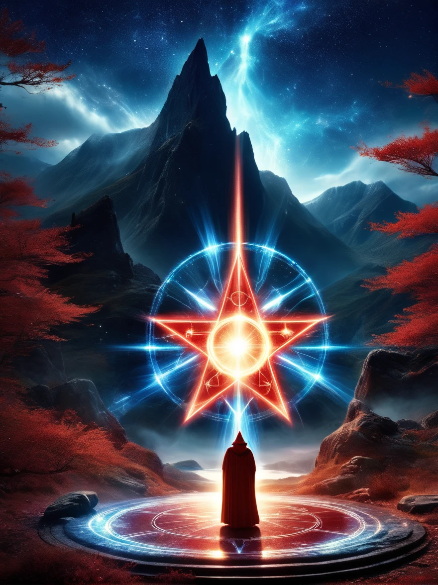(dark fantasy),(super wide angle),((Ancient dark red summoning magic circle,Six pointed star layout,Constellation Alignment,Mysterious runes,blue light)),(The wizard chants and whispers:1.3),Desolate Highlands,Ancient forest,Weathered rock,Night lightning,energy,Creature Summoning,air cracks,Burn the eyes,darkness and fear,Mysterious and dangerous atmosphere,Electroluminescence,dreamy glow,concept digital art,(masterpiece,best quality,ultra high definition,Extremely detailed,illumination)