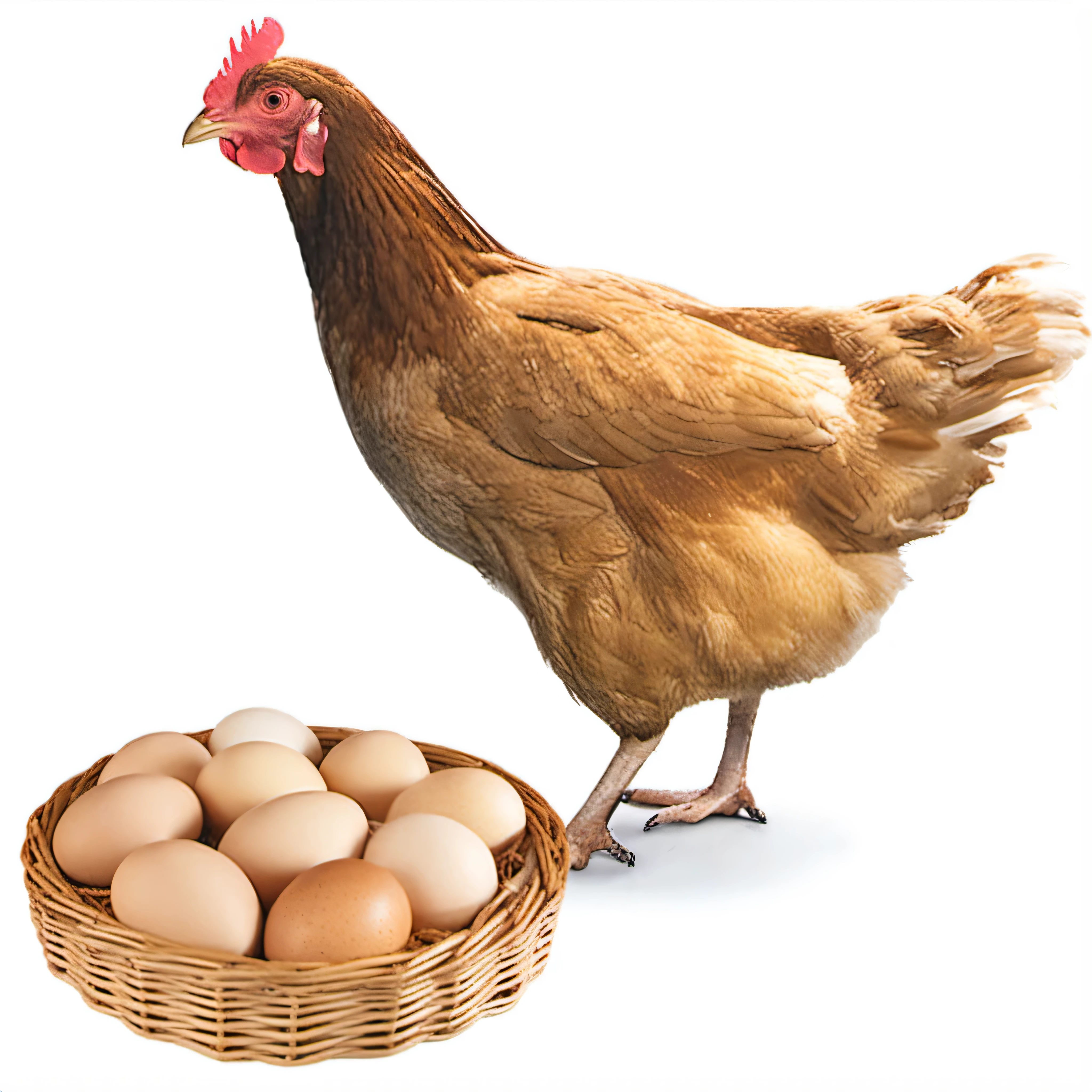 araffe and eggs in a basket on a white background, chicken, an illustration of, eggs, chickens, egg, anthropomorphized chicken, a hyper realistic, illustration], he has a big egg, by Georgina Hunt, rooster, ( ultra realistic, an egg, illustration of a rooster, by Ingrida Kadaka, promo photo, by Ellen Gallagher