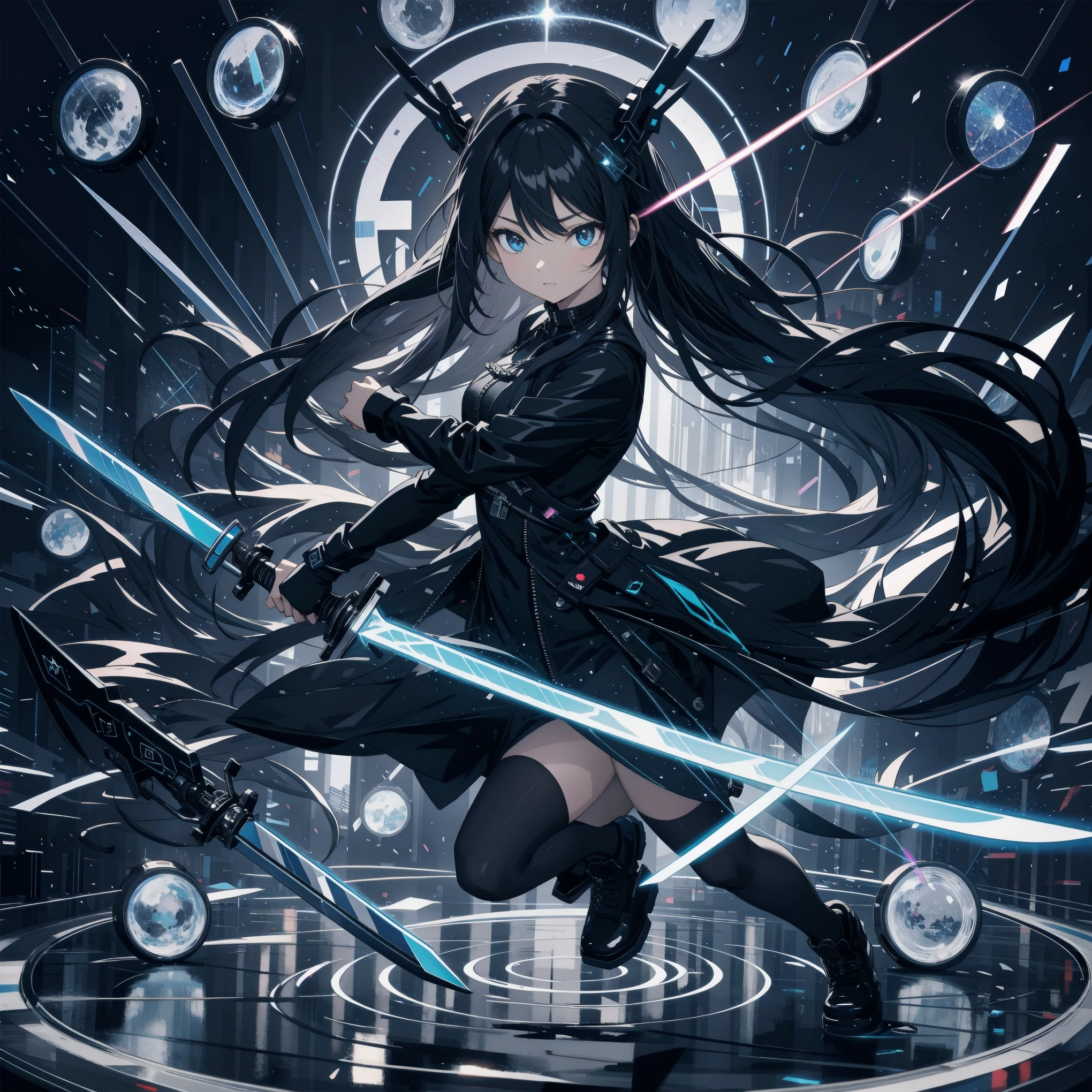 Create an ultra-high-definition, masterpiece-quality image themed around the color pitch black, featuring a cute anime girl with long black hair in a cool pose, attacking with a high-tech sword. Many holographic swords float in a circle behind her, each with countless intricate parts, set against a pitch-black-themed cyberpunk environment. The scene is enriched with holographic elements and light particles, emphasizing a futuristic and mysterious aesthetic. The image aims to capture the essence of mystery and high technology with the best quality and beauty, showcasing the girl and her holographic swords with ultra-detailed, super-resolution visuals that highlight the intricate details of the scene.